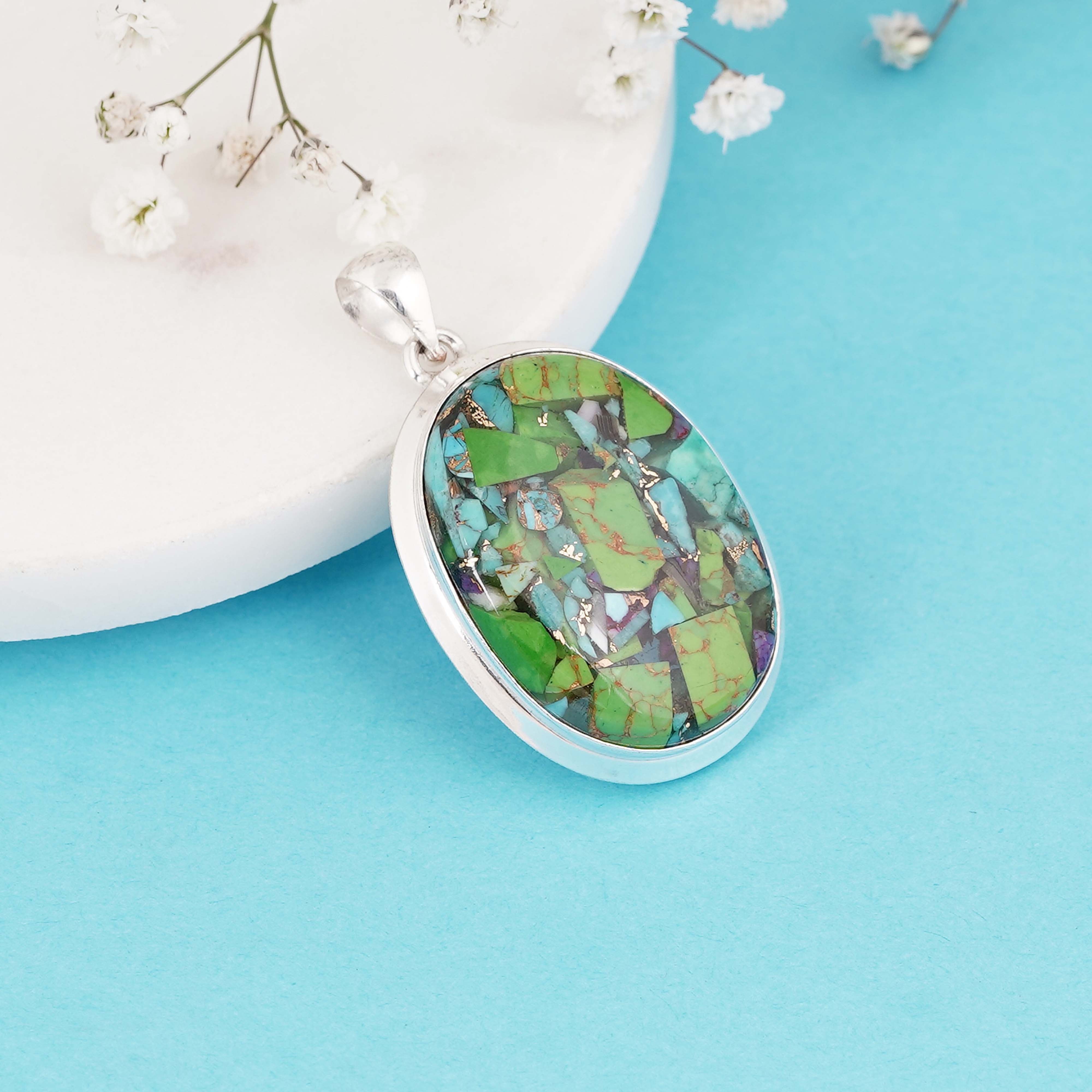 Handmade Mosaic Turquoise Pendant | Sterling Silver Setting