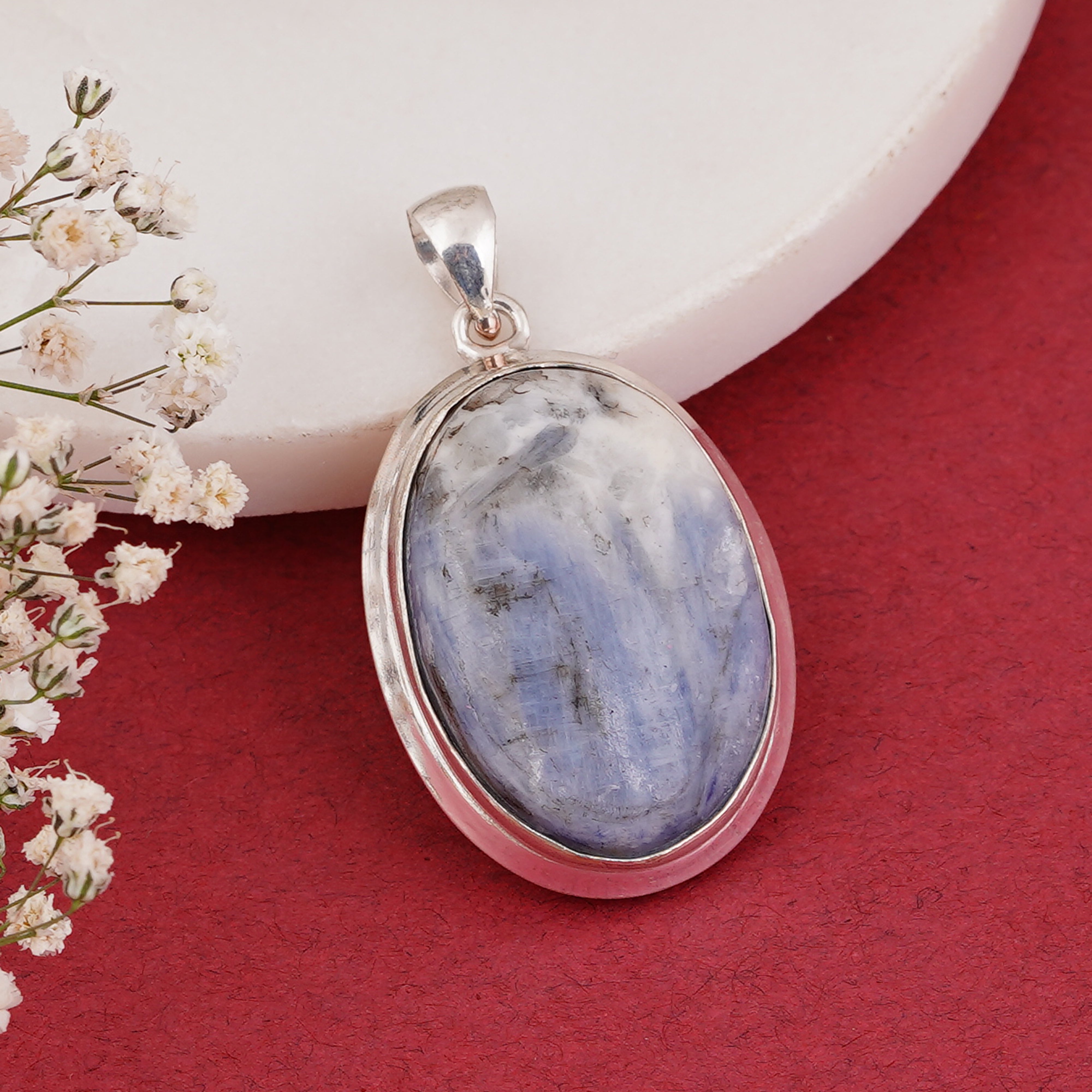 Handmade Blue Kyanite Oval Pendant in Sterling Silver