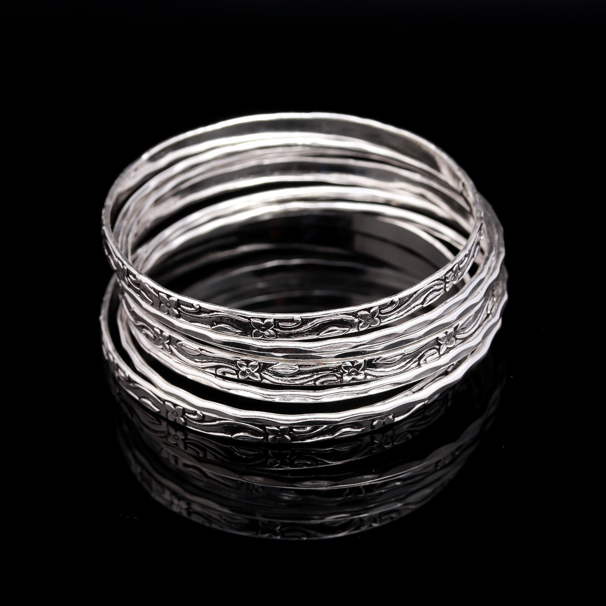 Flower Design Thick Silver Bangles, Set Of 6-8-10Pcs Bangles, 925 Sterling Silver Bangles, Women Jewelry