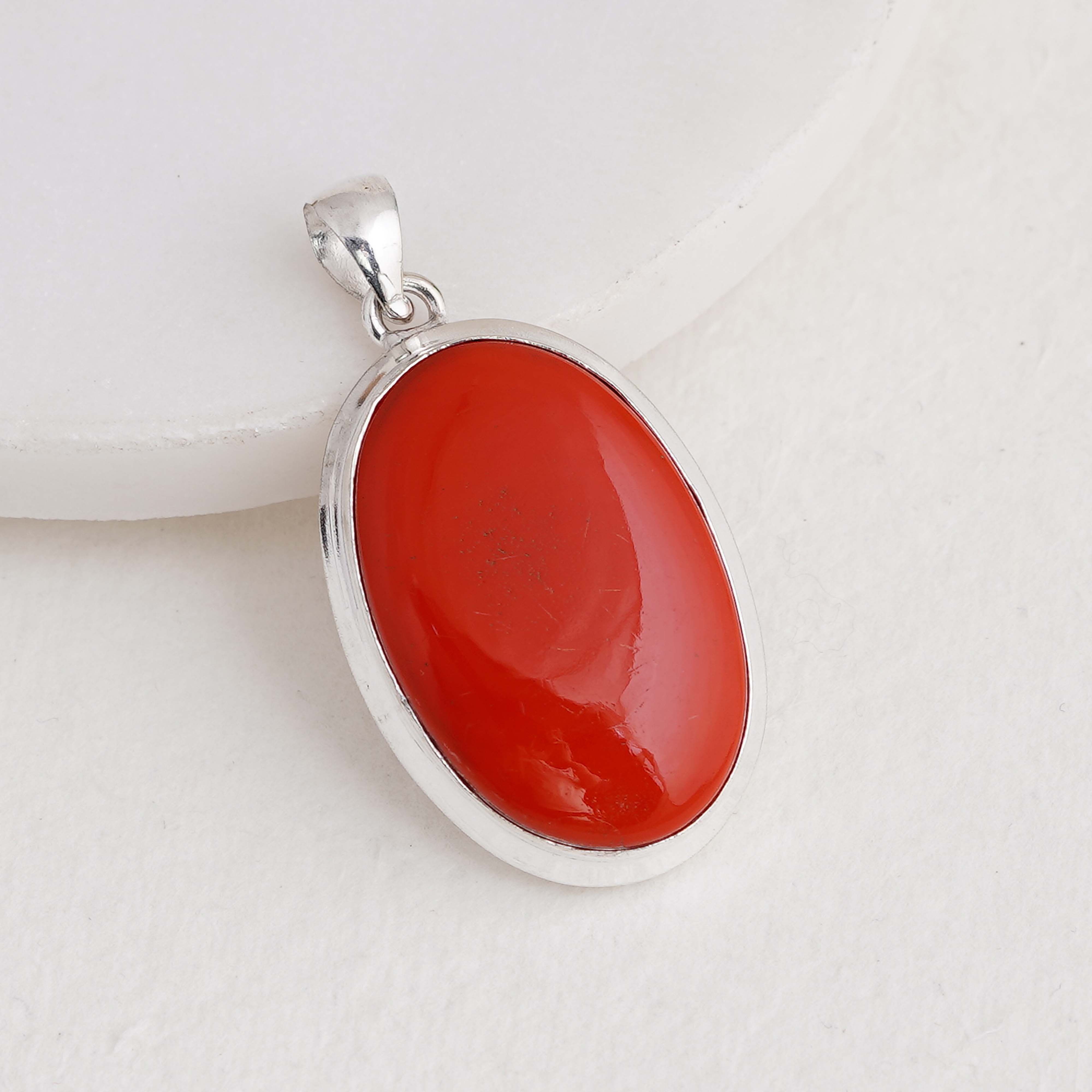 Bold Red Coral Pendant | Sterling Silver Oval Necklace