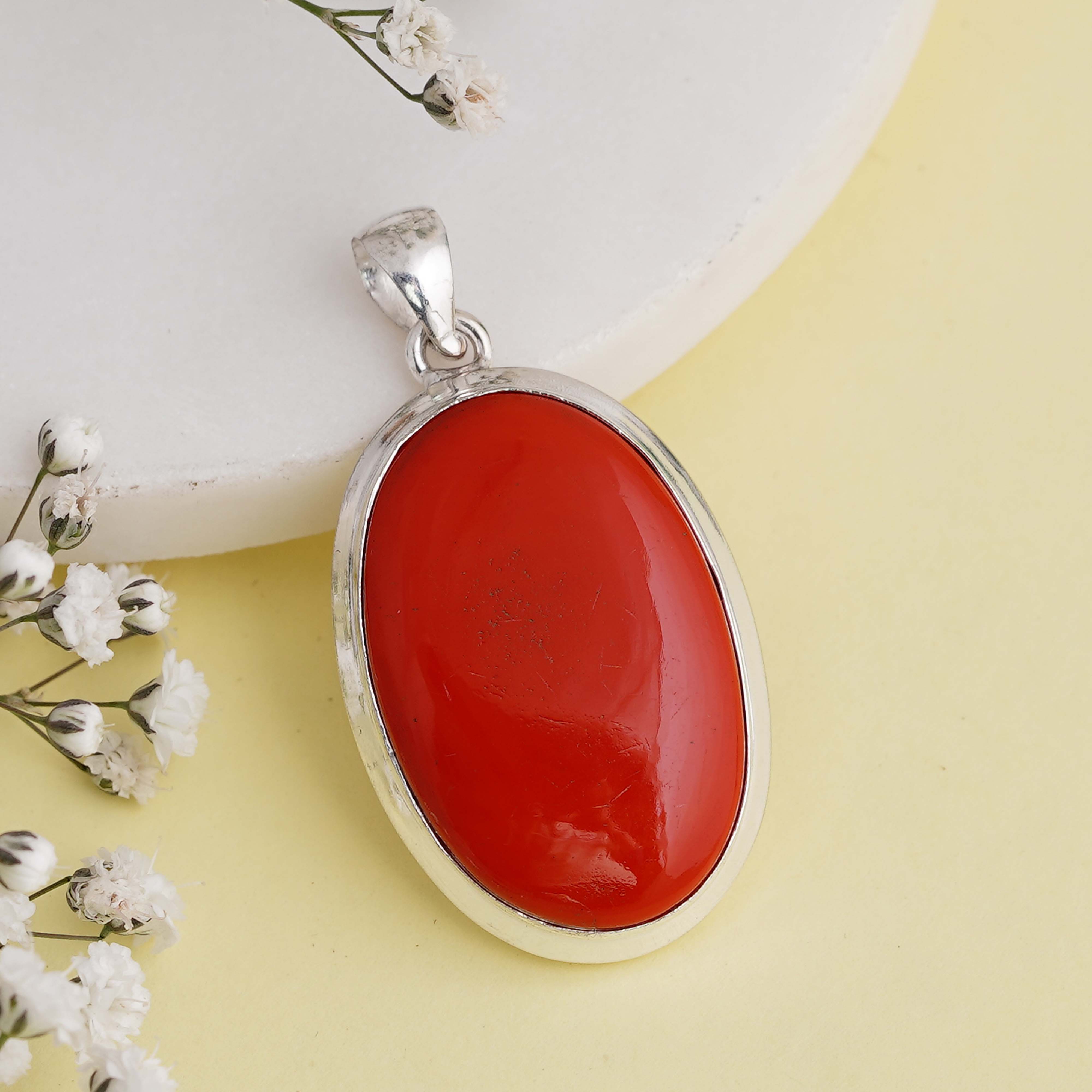 Bold Red Coral Pendant | Sterling Silver Oval Necklace