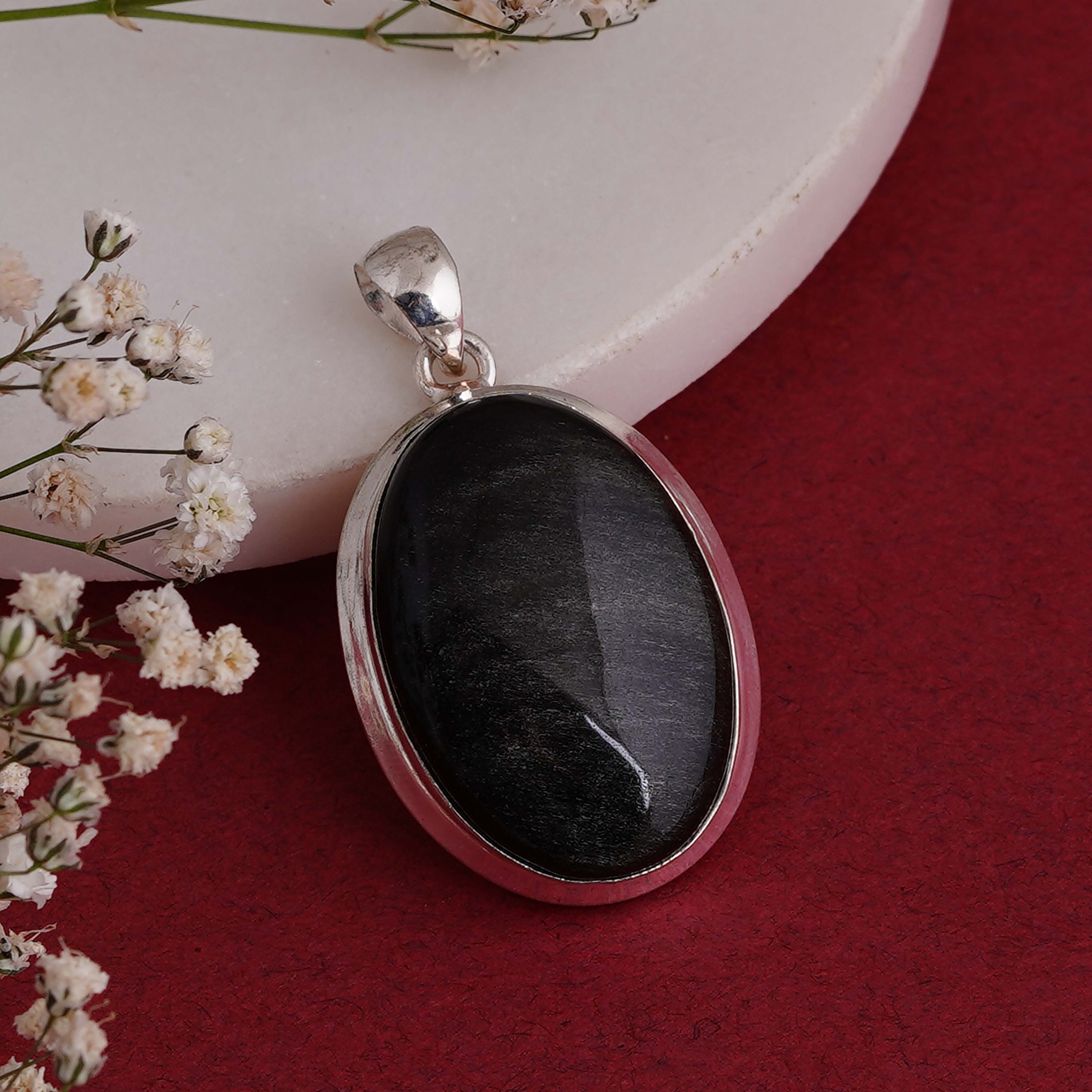 Elegant Black Obsidian Pendant | Sterling Silver Oval Necklace