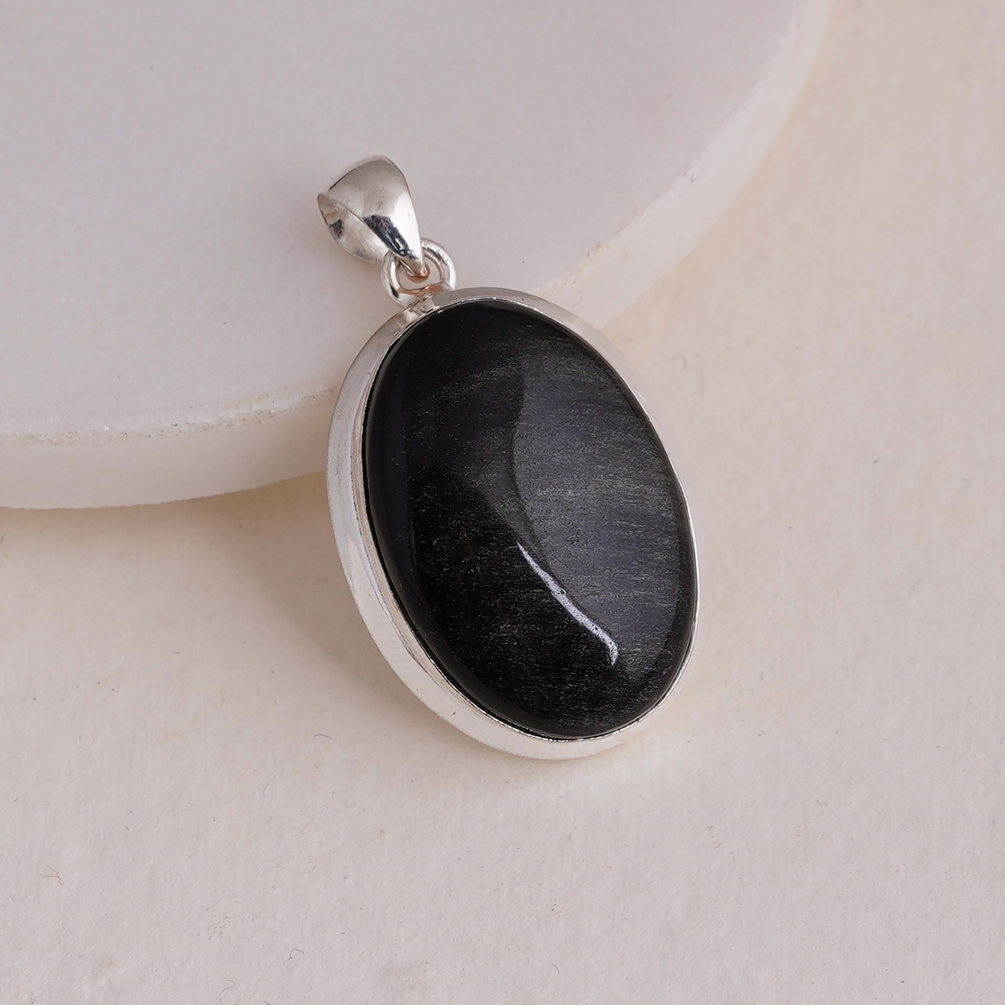 Elegant Black Obsidian Pendant | Sterling Silver Oval Necklace