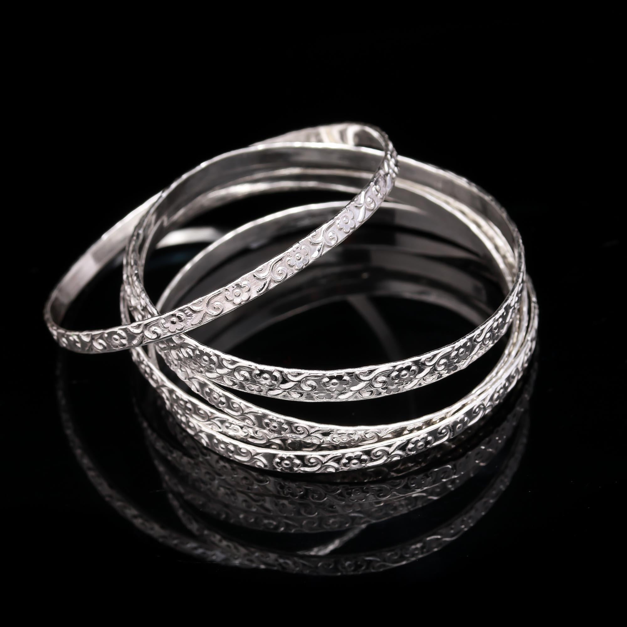 Designer Artisan Silver Bangles Set, Elegant Silver Bangles Set, Stylish Stacking Bracelets for Women