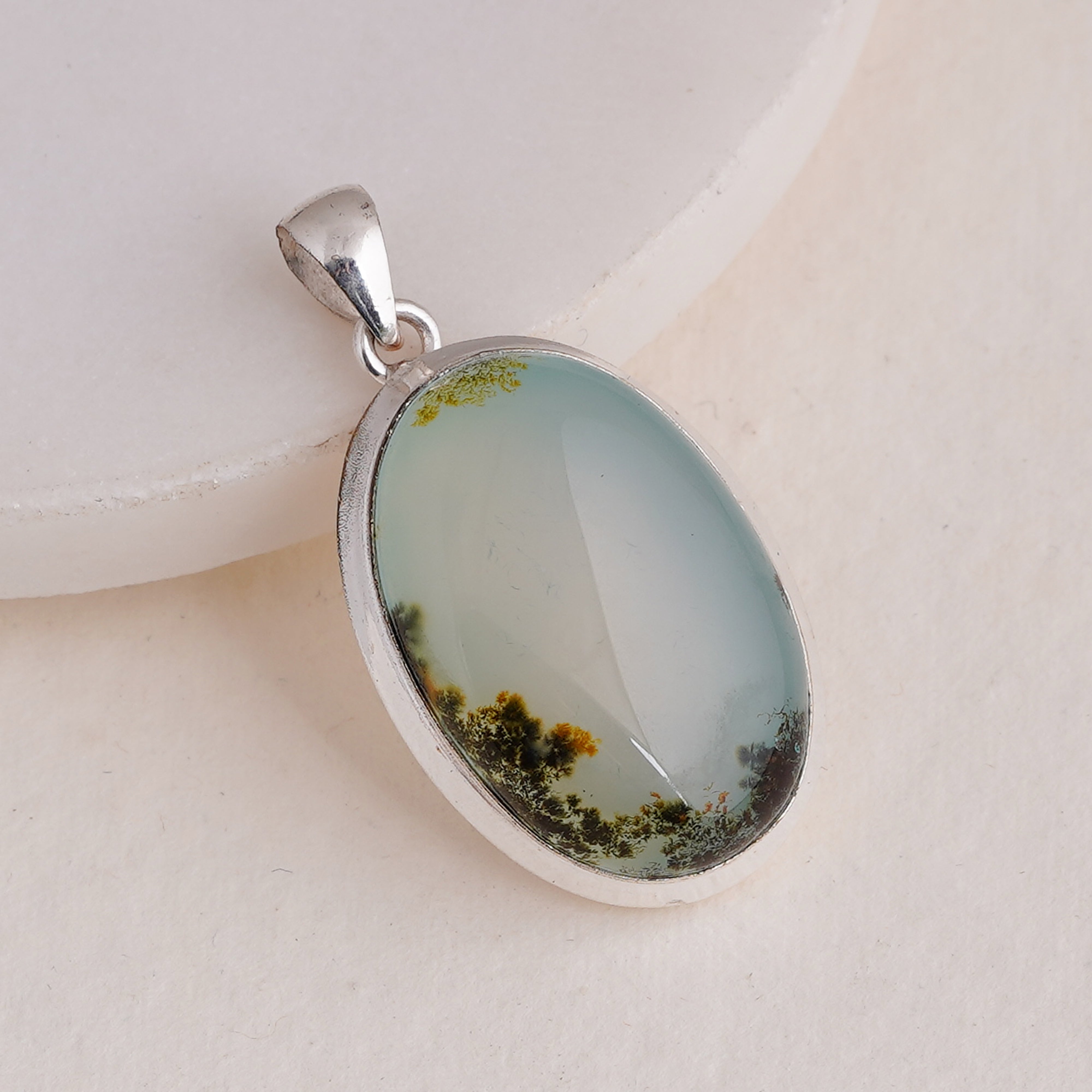 Elegant Dendritic Agate Oval Pendant in Sterling Silver