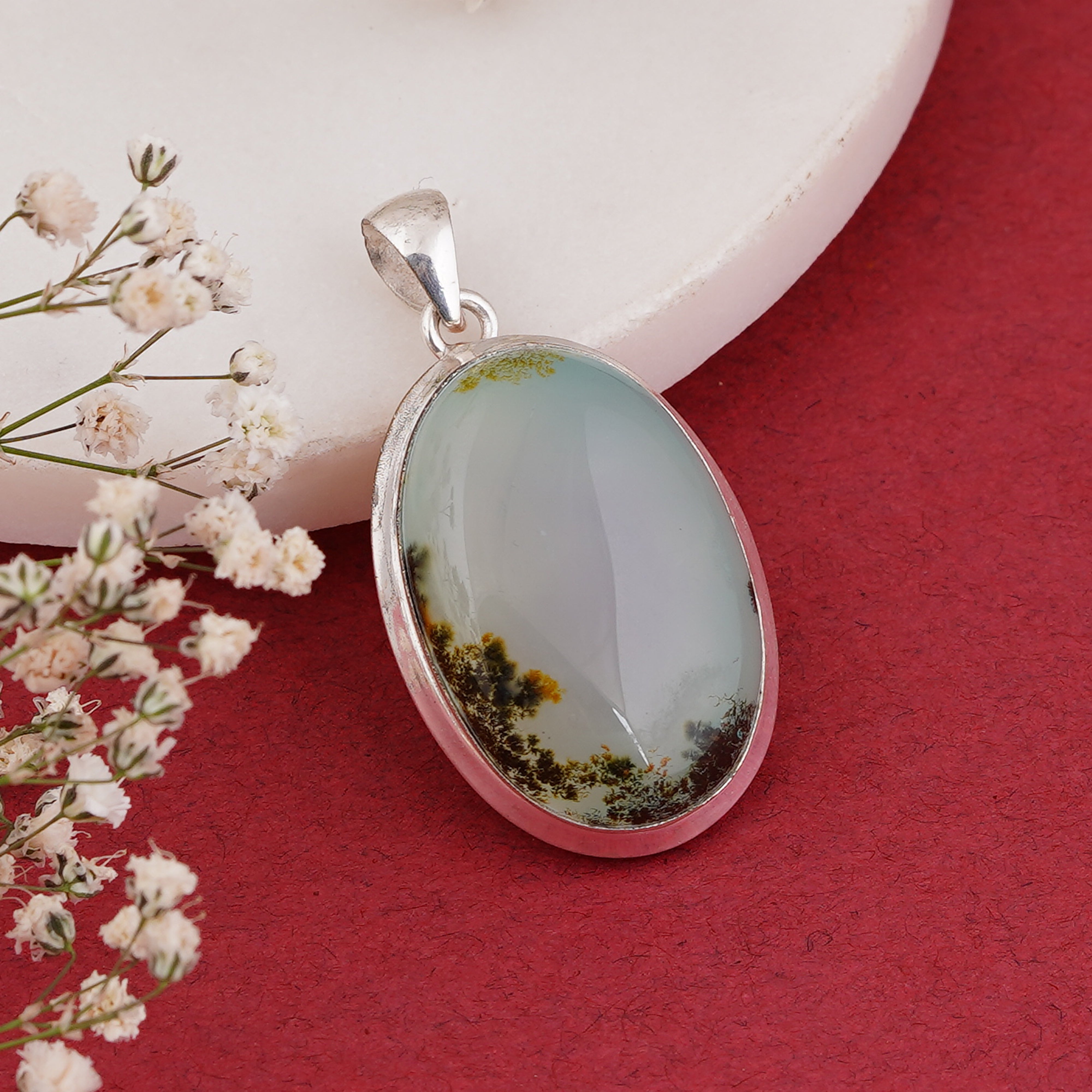 Elegant Dendritic Agate Oval Pendant in Sterling Silver