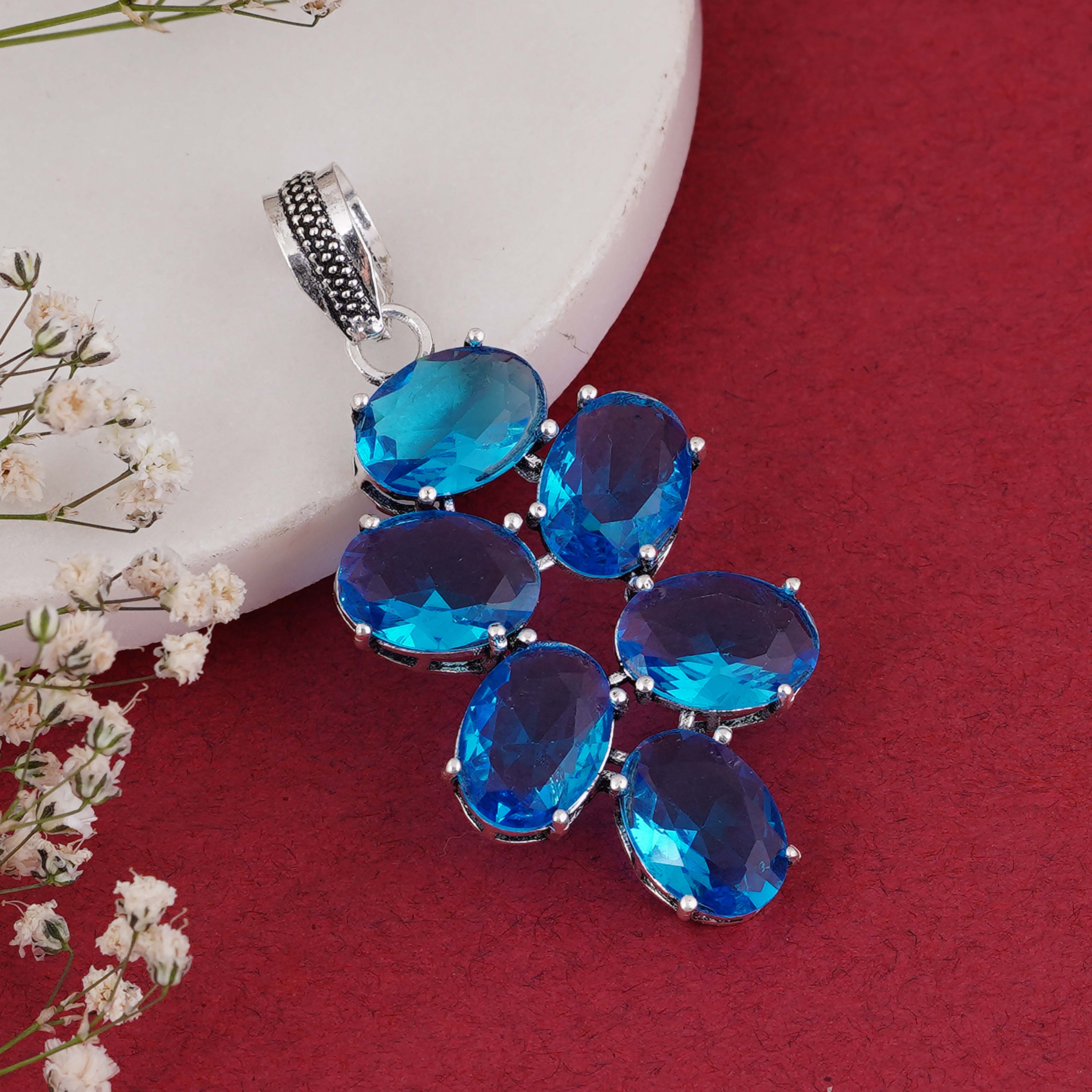 Stunning Silver Pendant with Oval Blue Topaz Gemstones | Handmade Jewelry