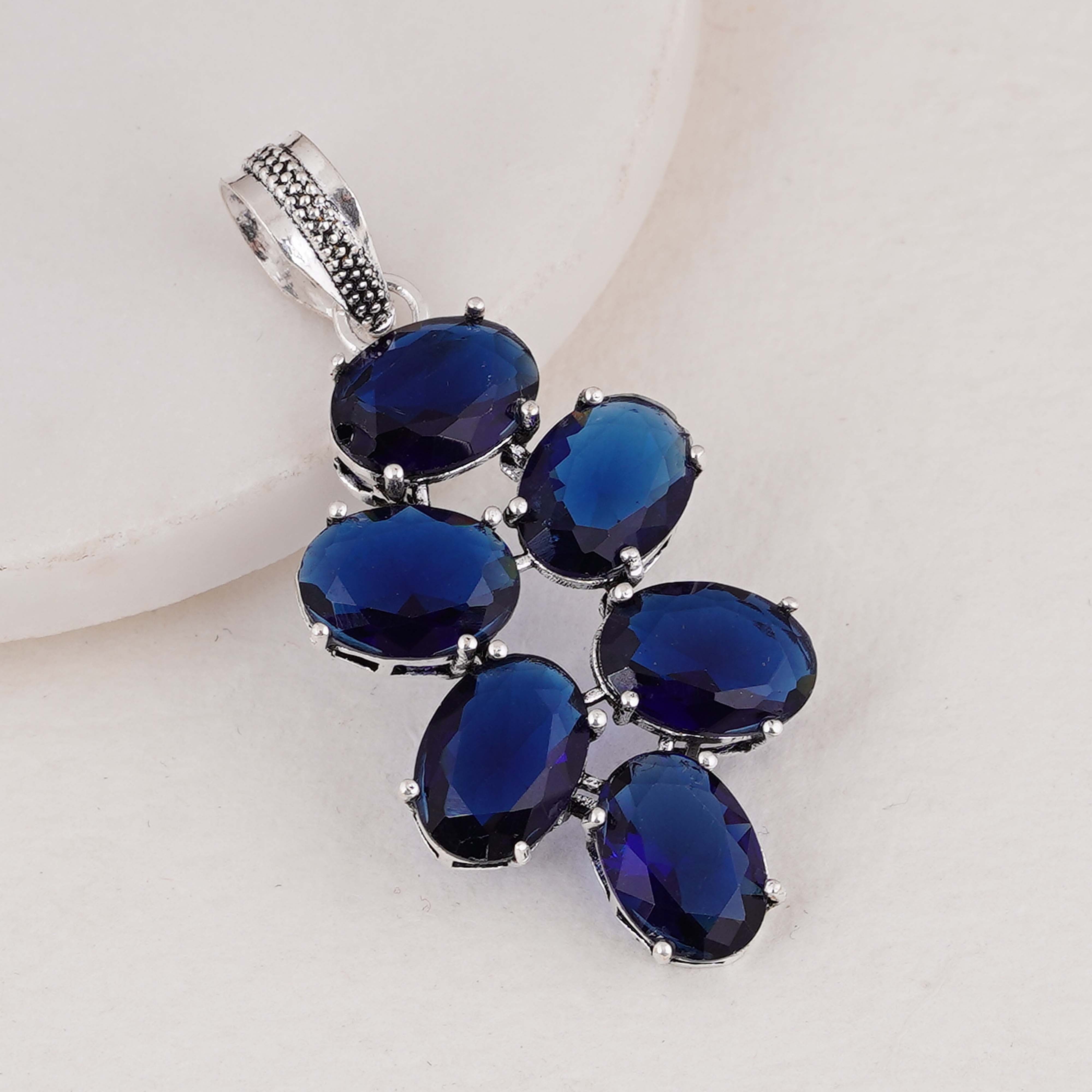 Elegant Silver Pendant with Oval Blue Sapphire Gemstones | Handmade Jewelry