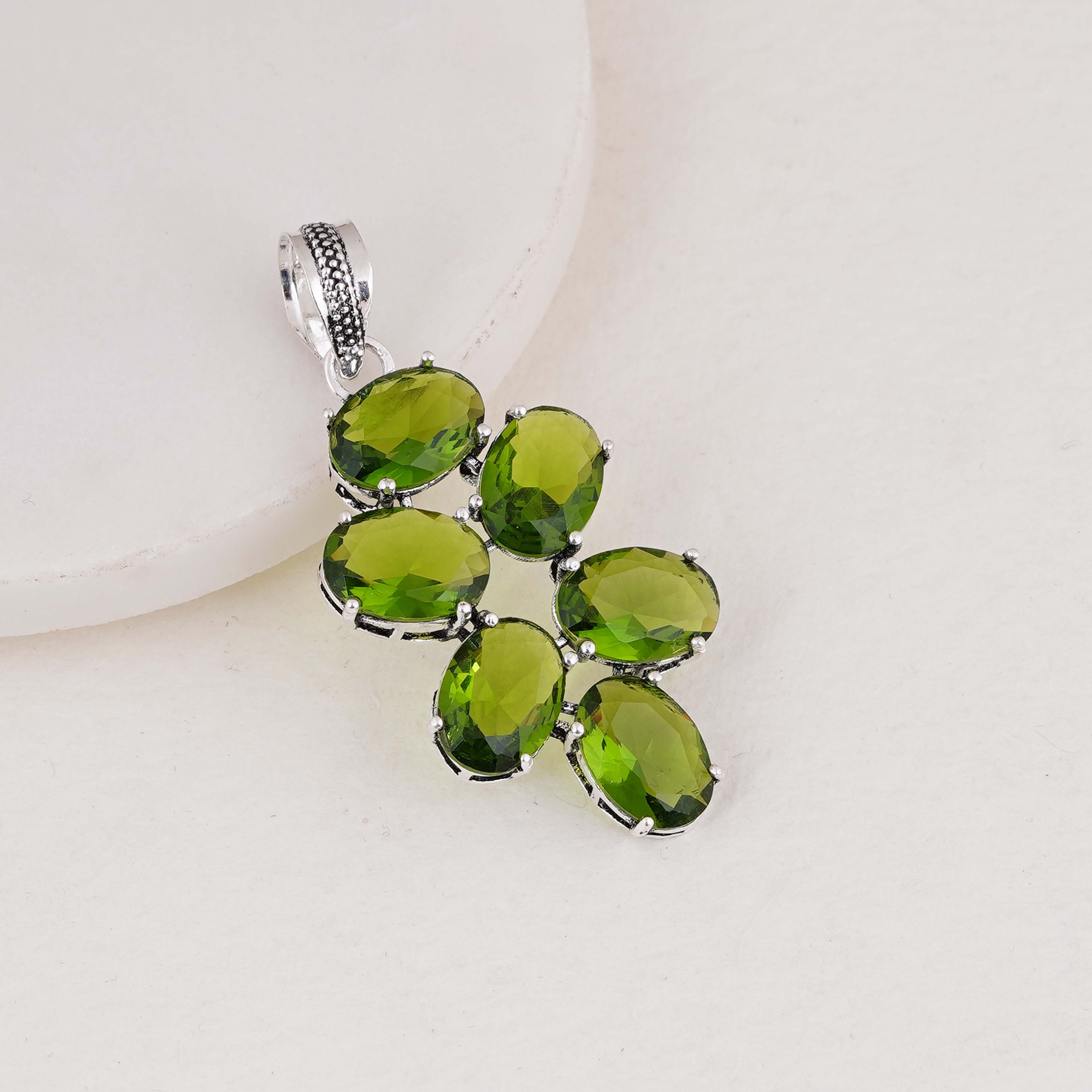 Elegant Silver Pendant with Oval Peridot Gemstones | Handmade Jewelry