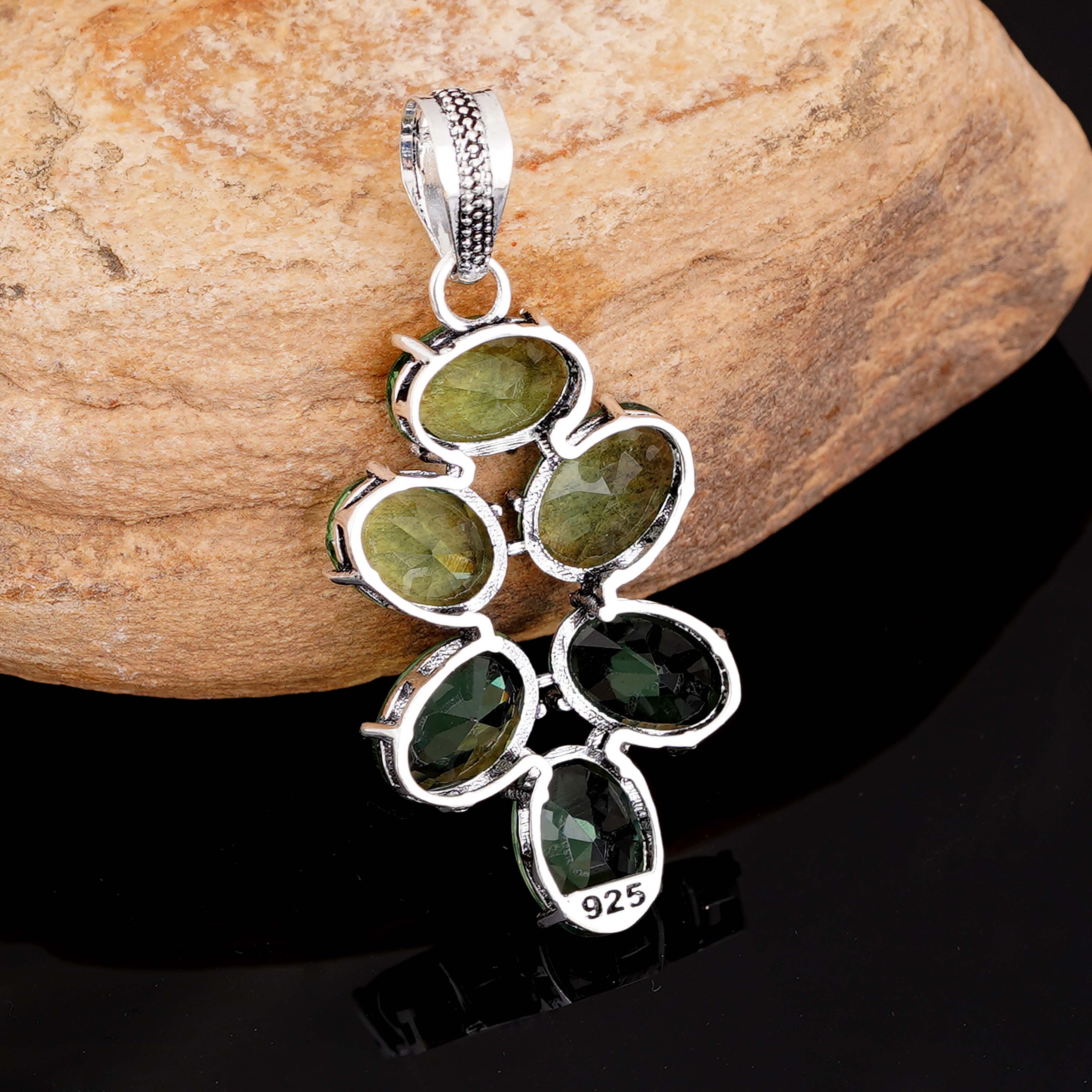 Elegant Silver Pendant with Oval Green Amethyst Gemstones | Handmade Jewelry