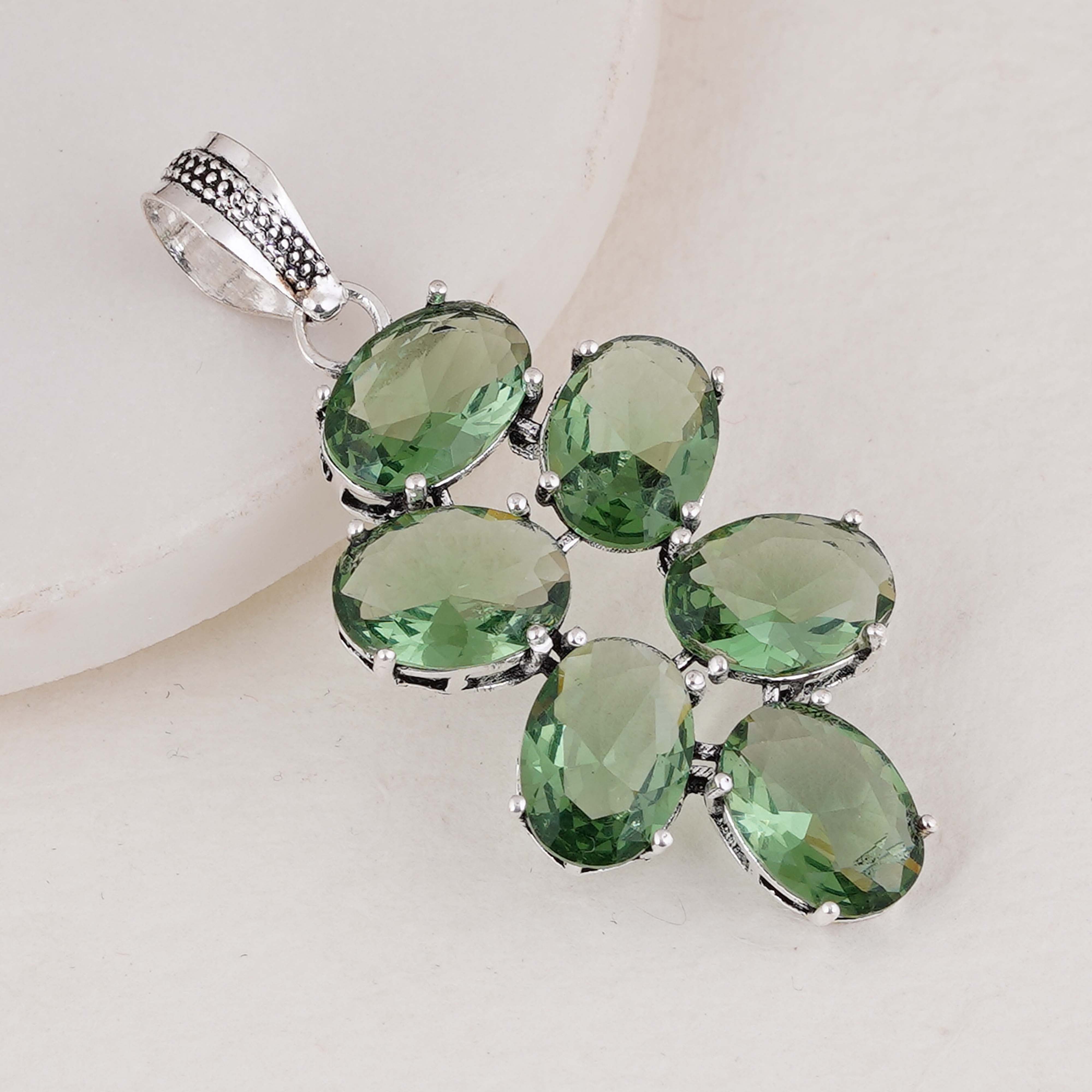 Elegant Silver Pendant with Oval Green Amethyst Gemstones | Handmade Jewelry