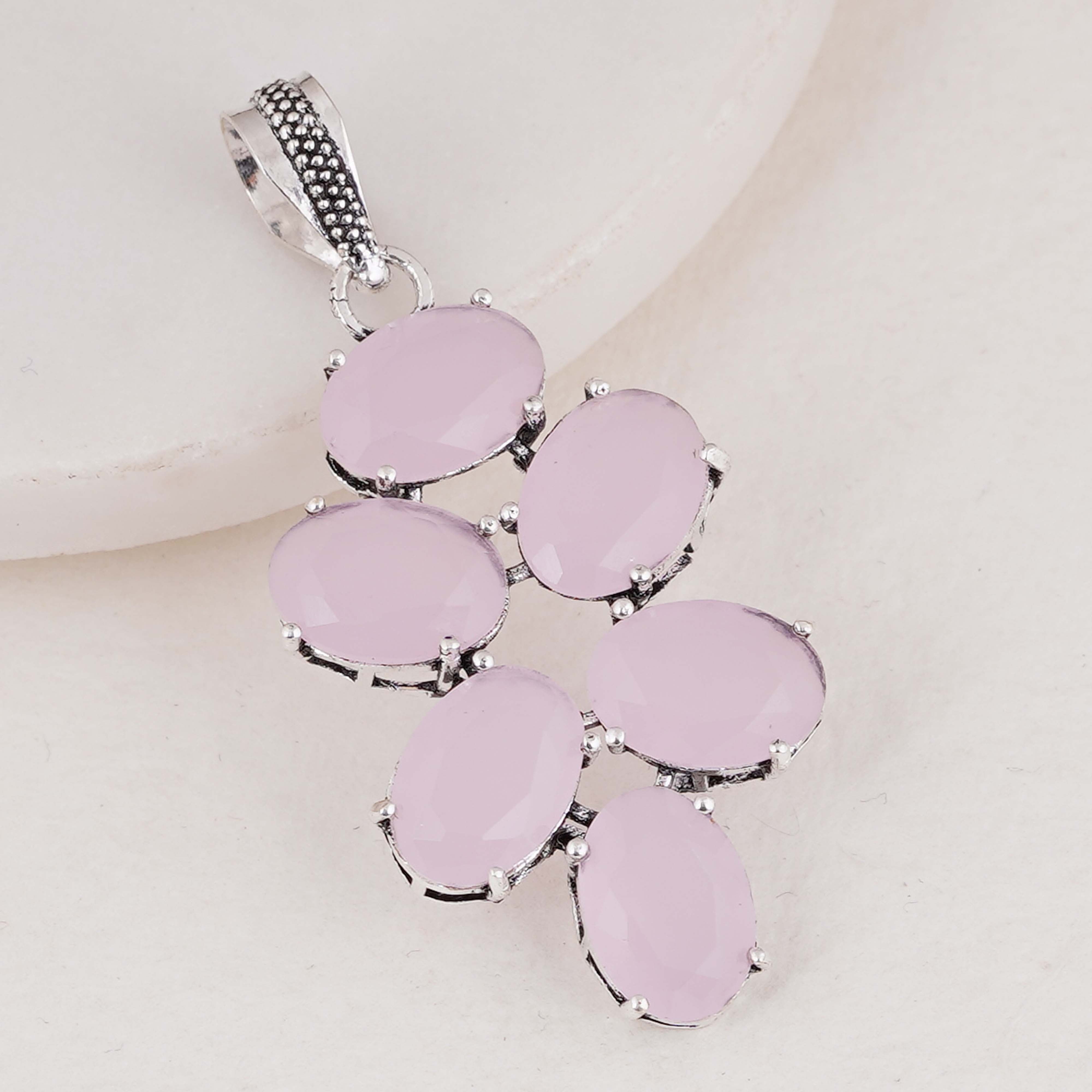 Elegant Silver Pendant with Oval Rose Quartz Gemstones | Handmade Jewelry