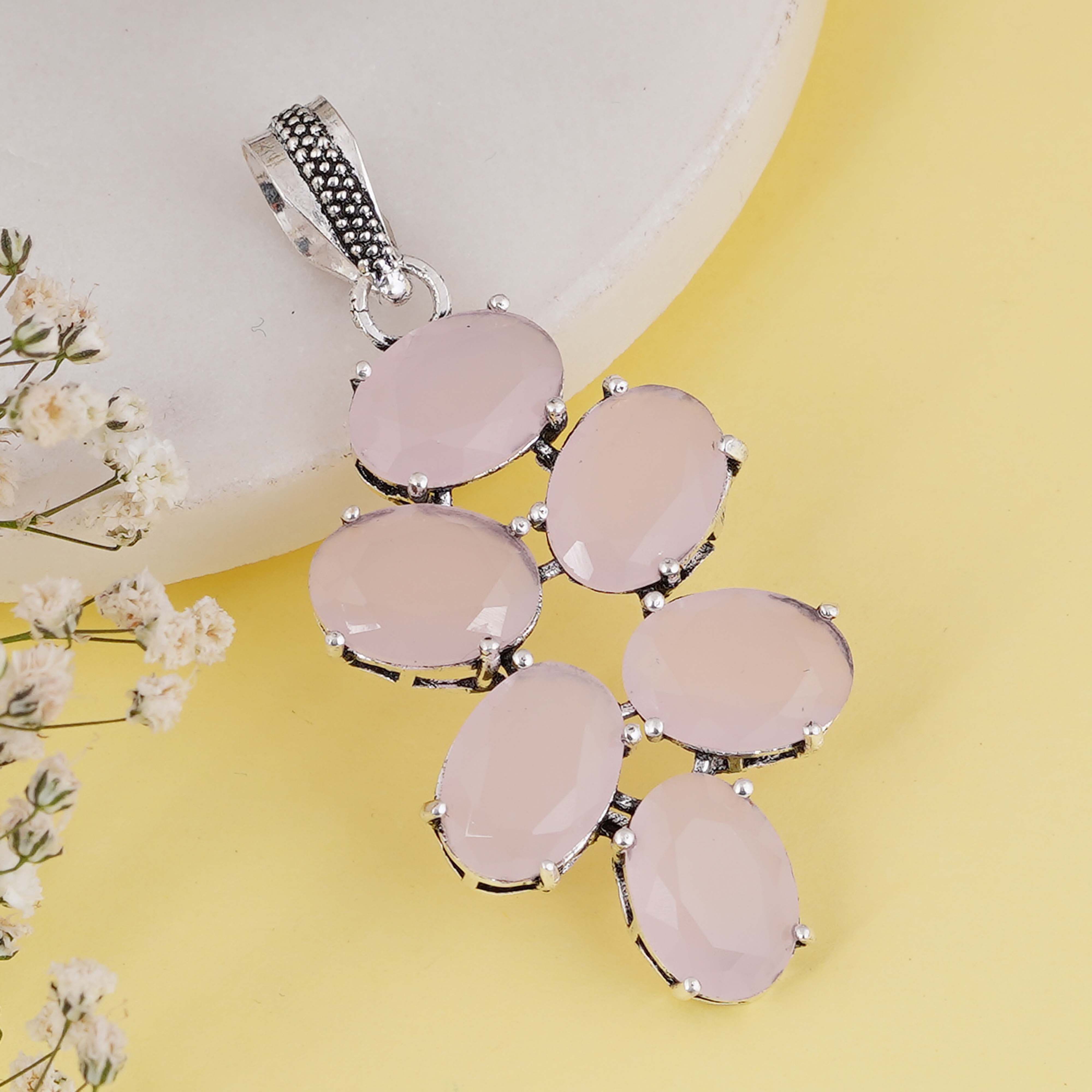 Elegant Silver Pendant with Oval Rose Quartz Gemstones | Handmade Jewelry