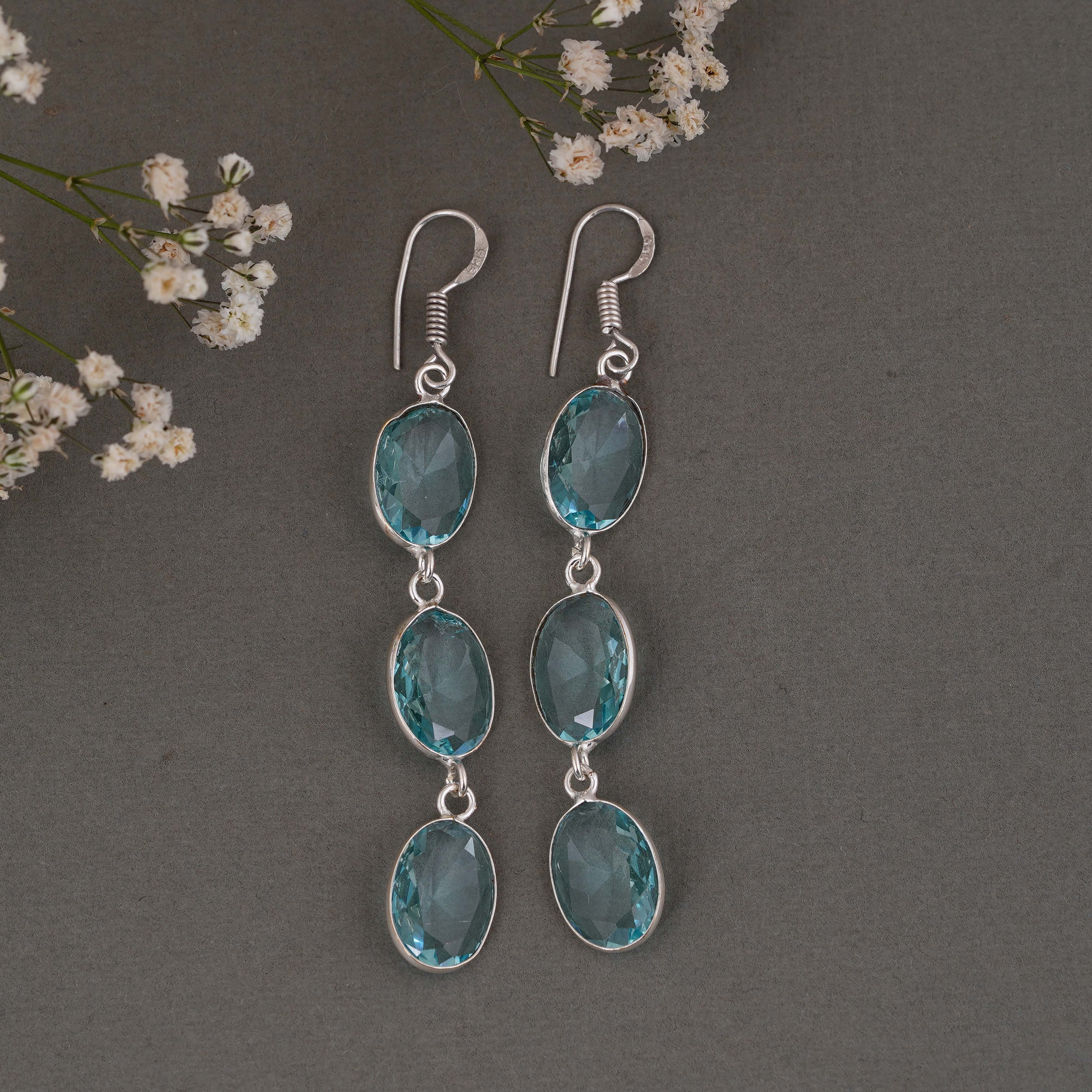 Elegant Blue Topaz Dangle Earrings in Sterling Silver – Handmade Gemstone Jewelry