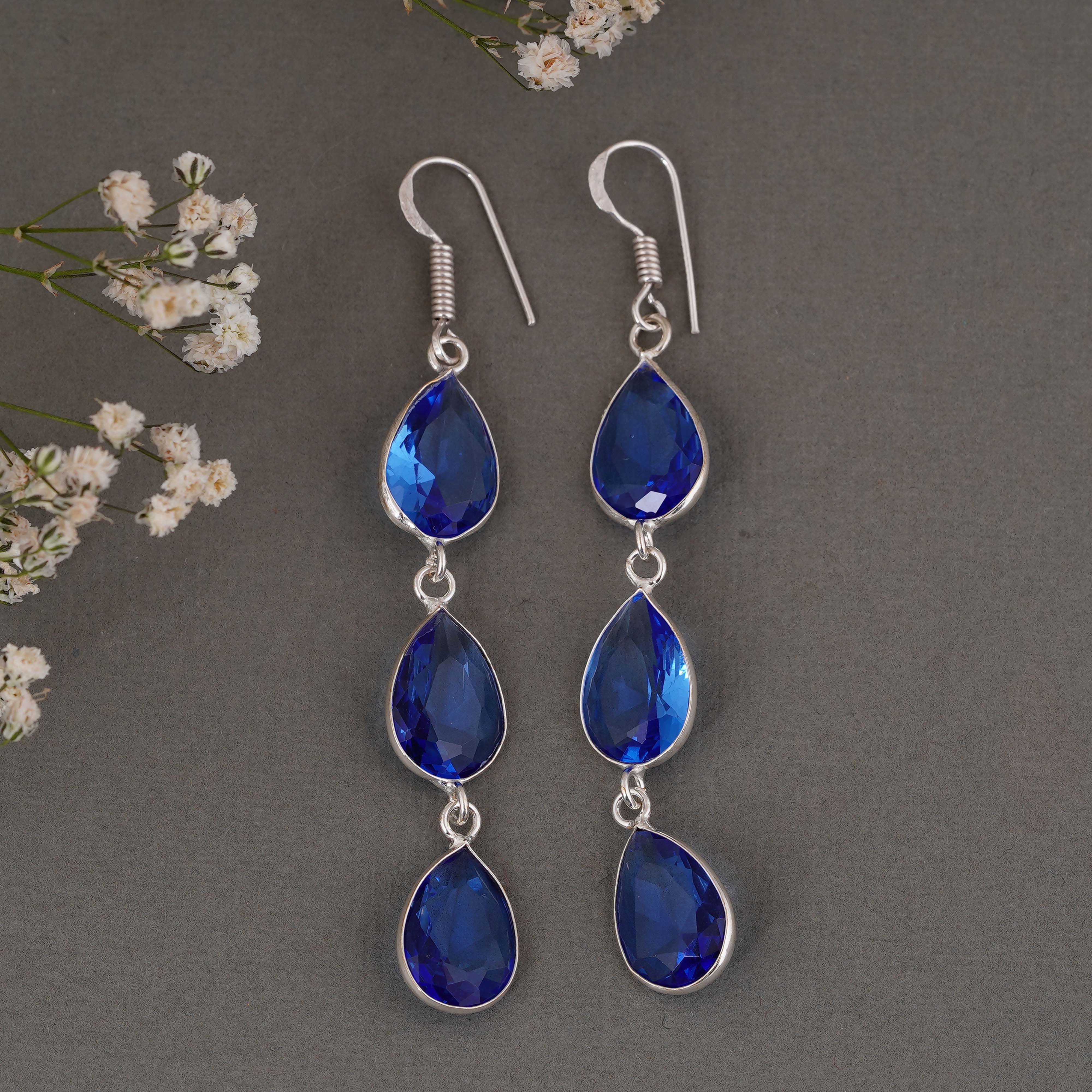 Stunning Blue Sapphire Dangle Earrings in Sterling Silver – Handmade Jewelry