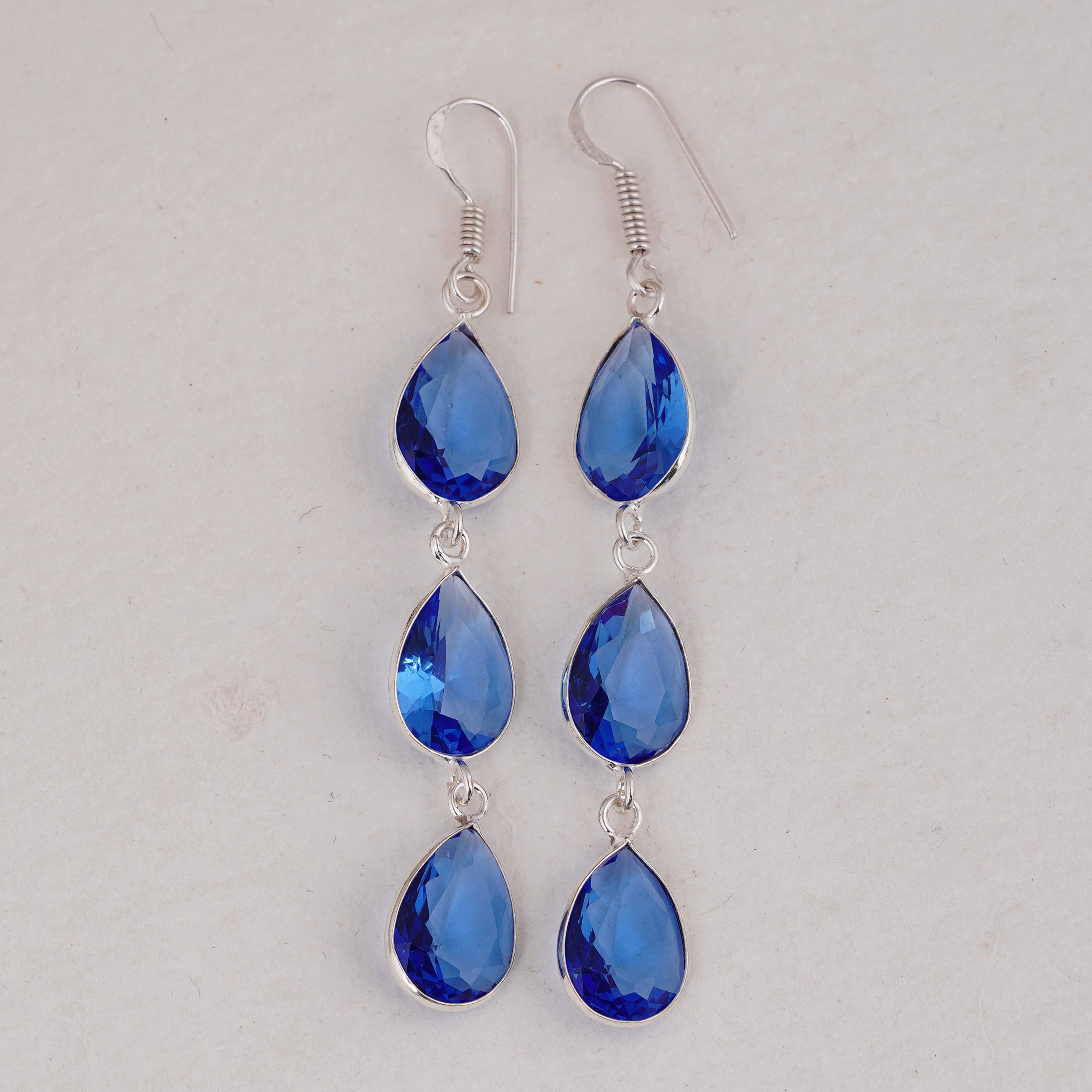 Stunning Blue Sapphire Dangle Earrings in Sterling Silver – Handmade Jewelry