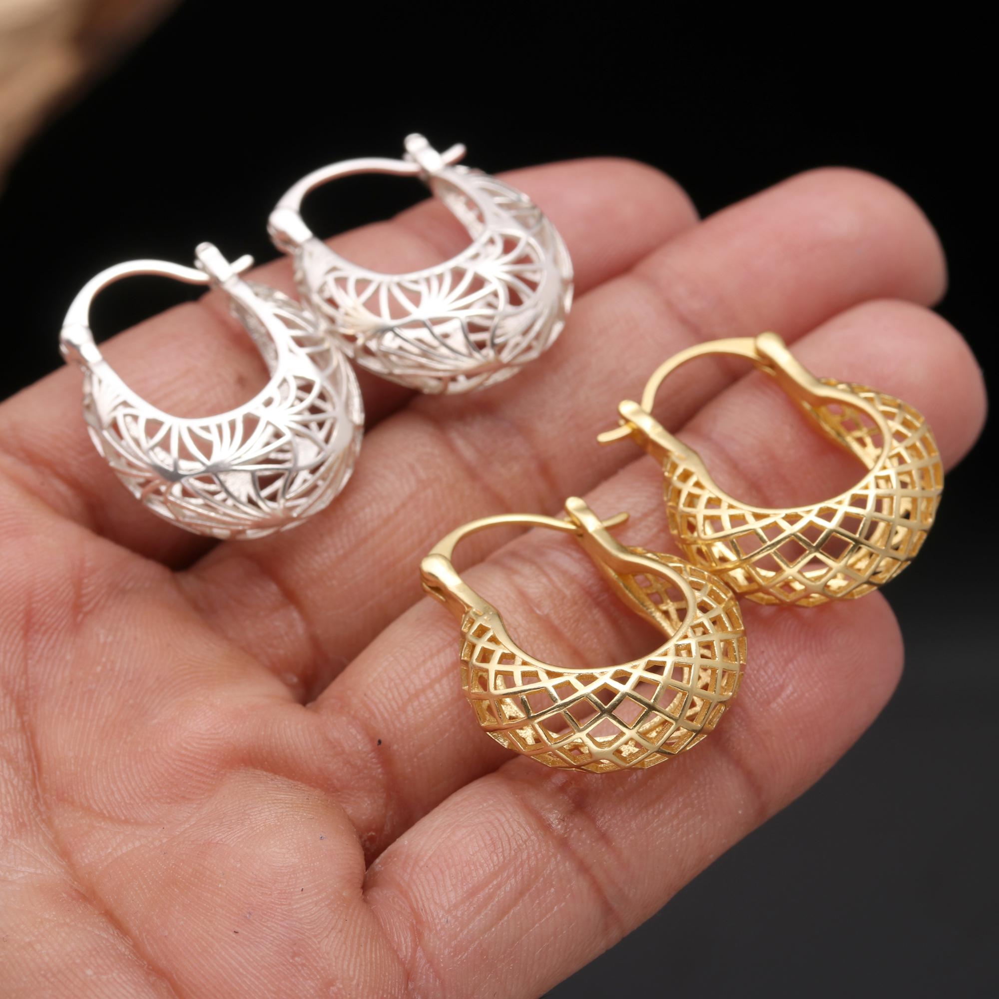 925 Sterling Silver Fan Design Filigree Cradle Dome Hoop Earrings,Jewelry for Women