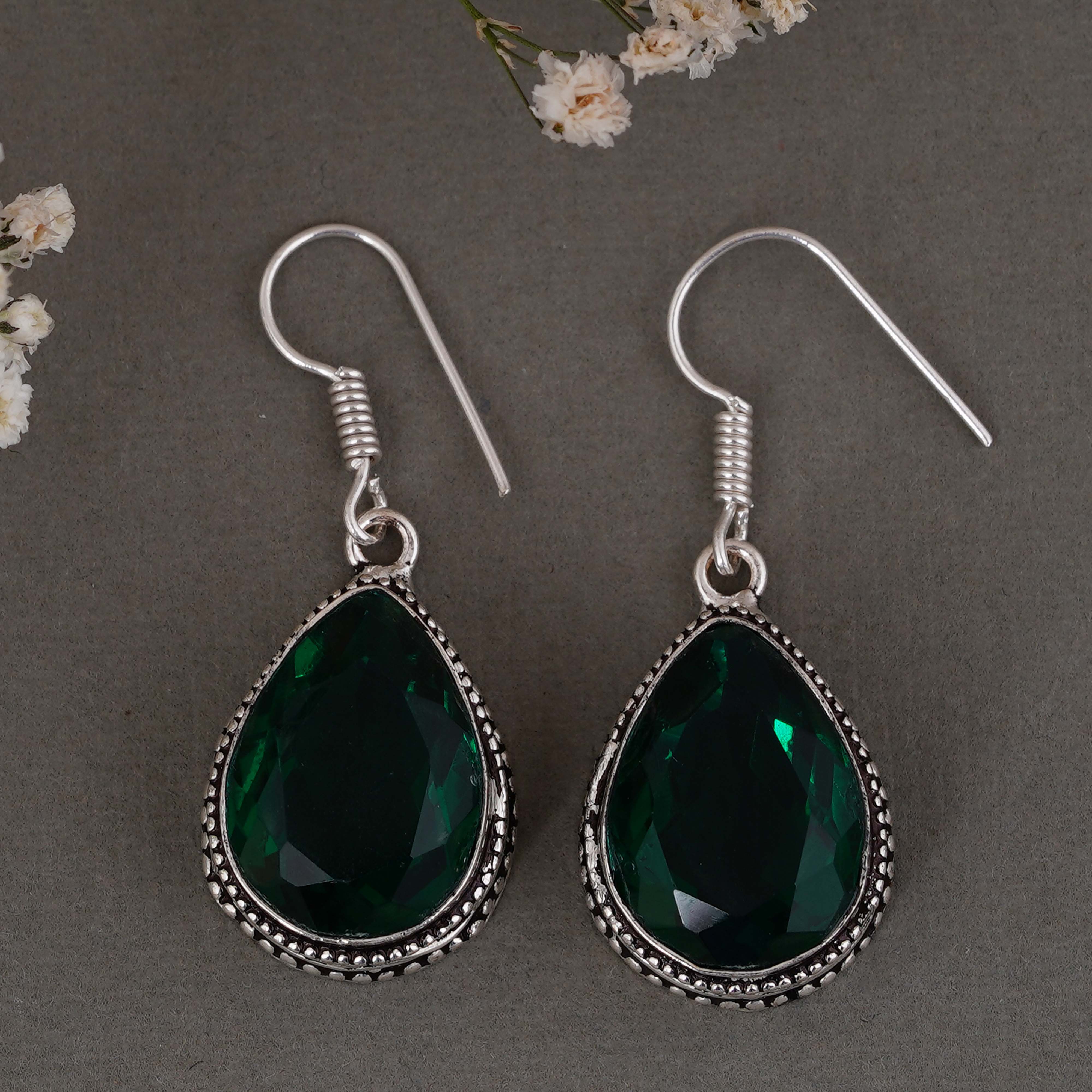 Elegant Green Emerald Teardrop Earrings in Sterling Silver – Handmade Jewelry