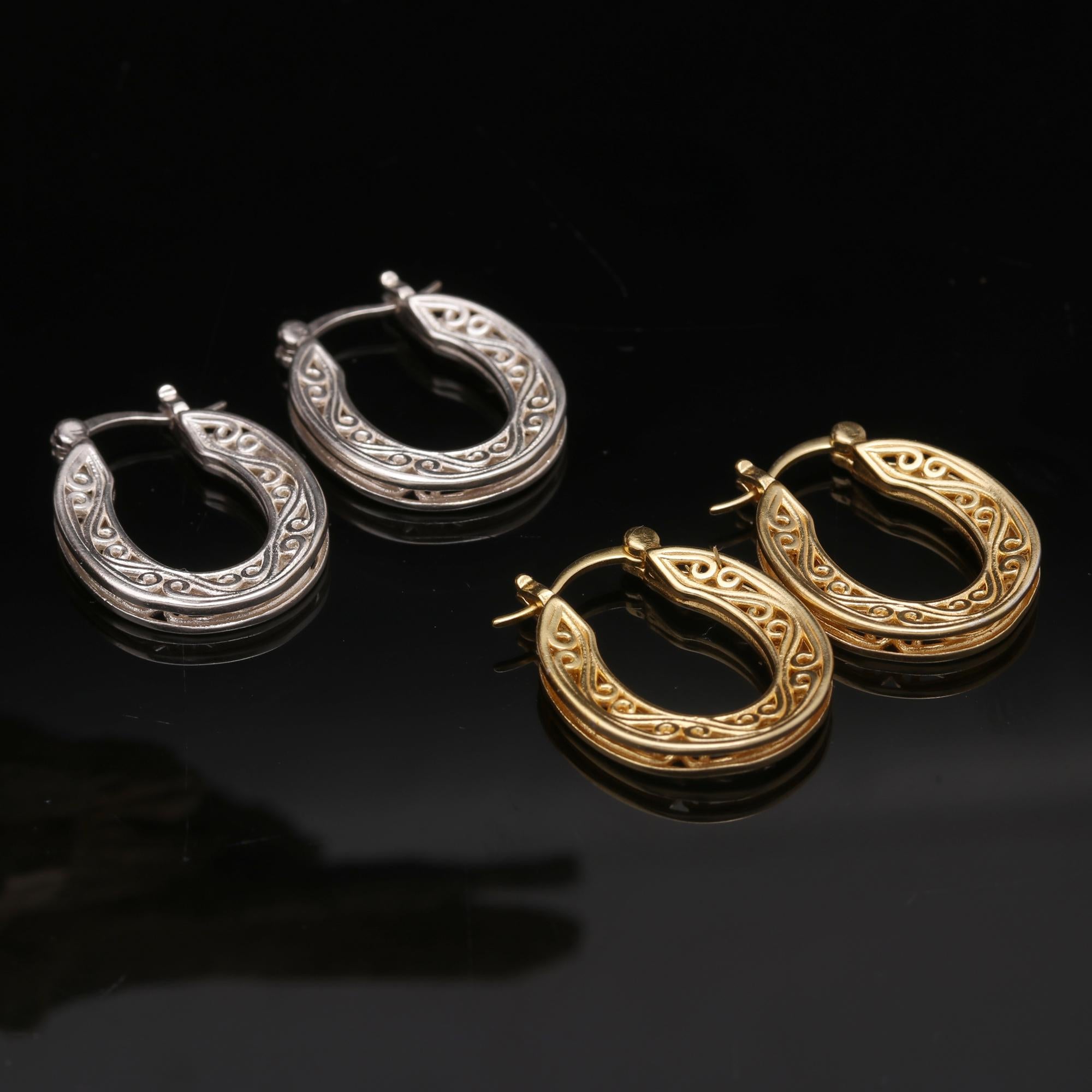 925 Sterling Silver/Gold Hollow Hoop Earrings, Filigree Vintage Hoop Earrings, Engraved Hollow Out Small Hoop Earring