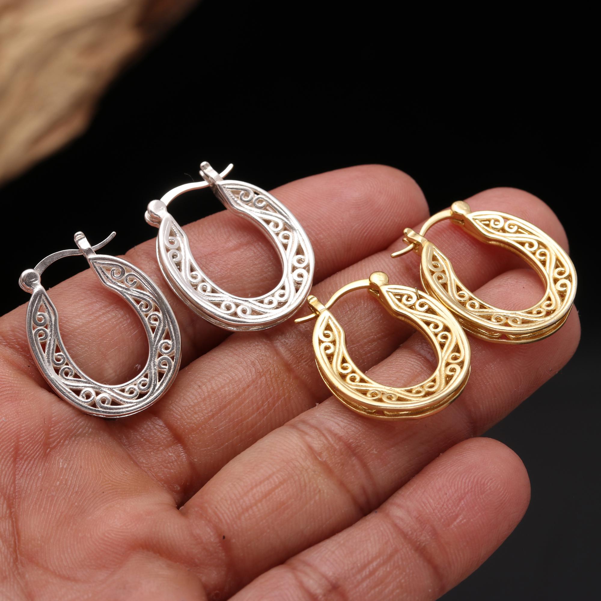 925 Sterling Silver/Gold Hollow Hoop Earrings, Filigree Vintage Hoop Earrings, Engraved Hollow Out Small Hoop Earring