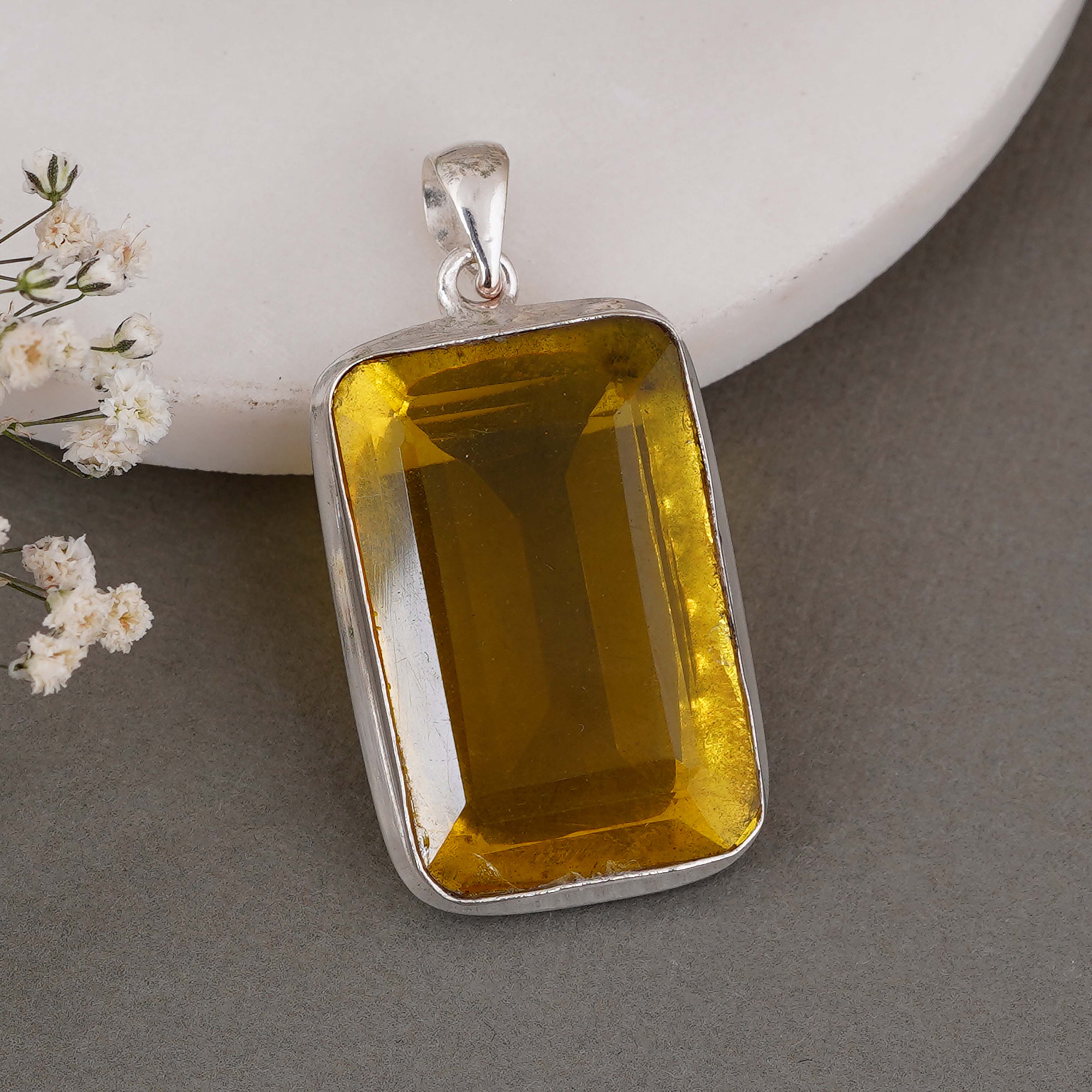 Rectangular Citrine Pendant in Sterling Silver – Handmade Yellow Gemstone Necklace