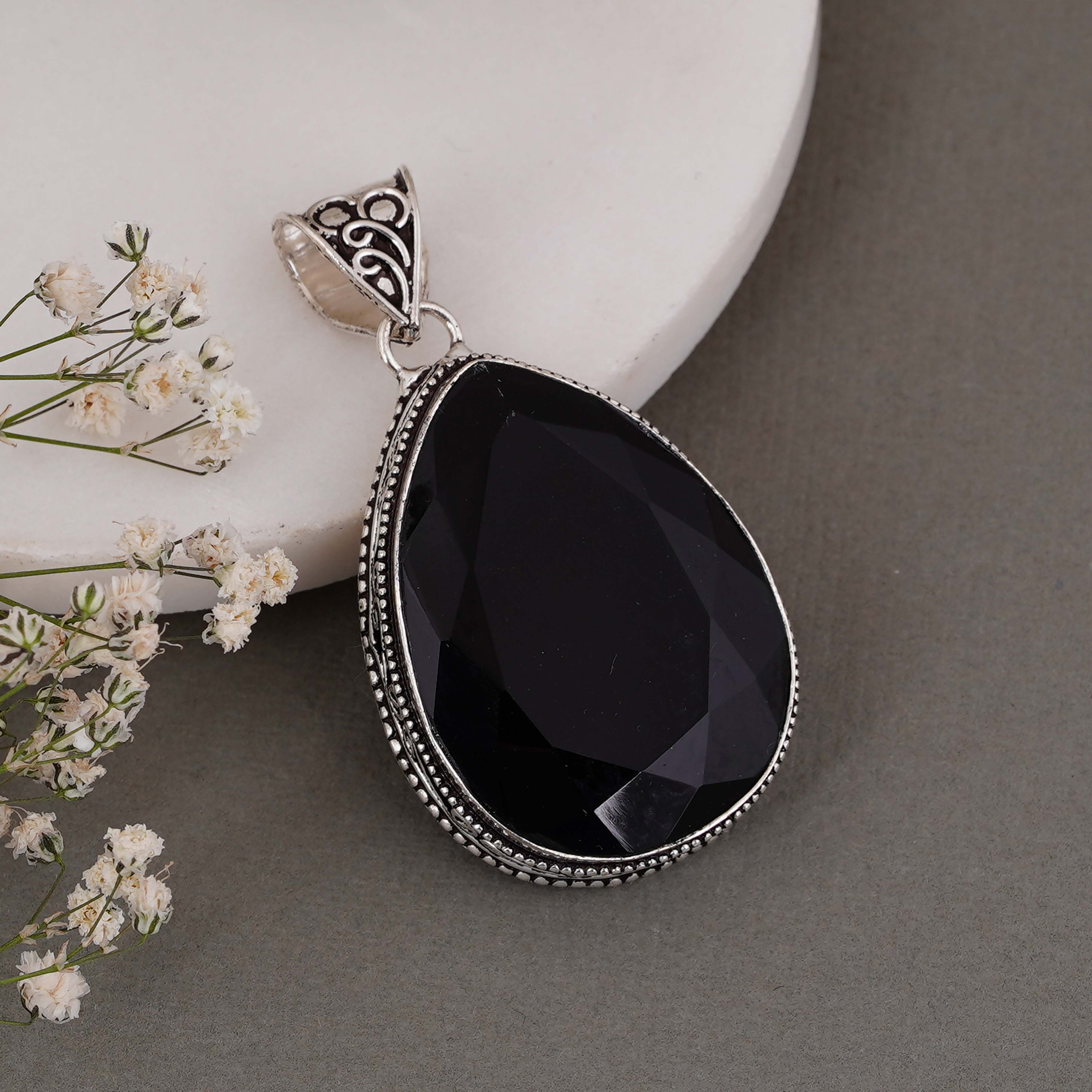 Black Onyx Teardrop Pendant in Sterling Silver – Handmade Gemstone Necklace