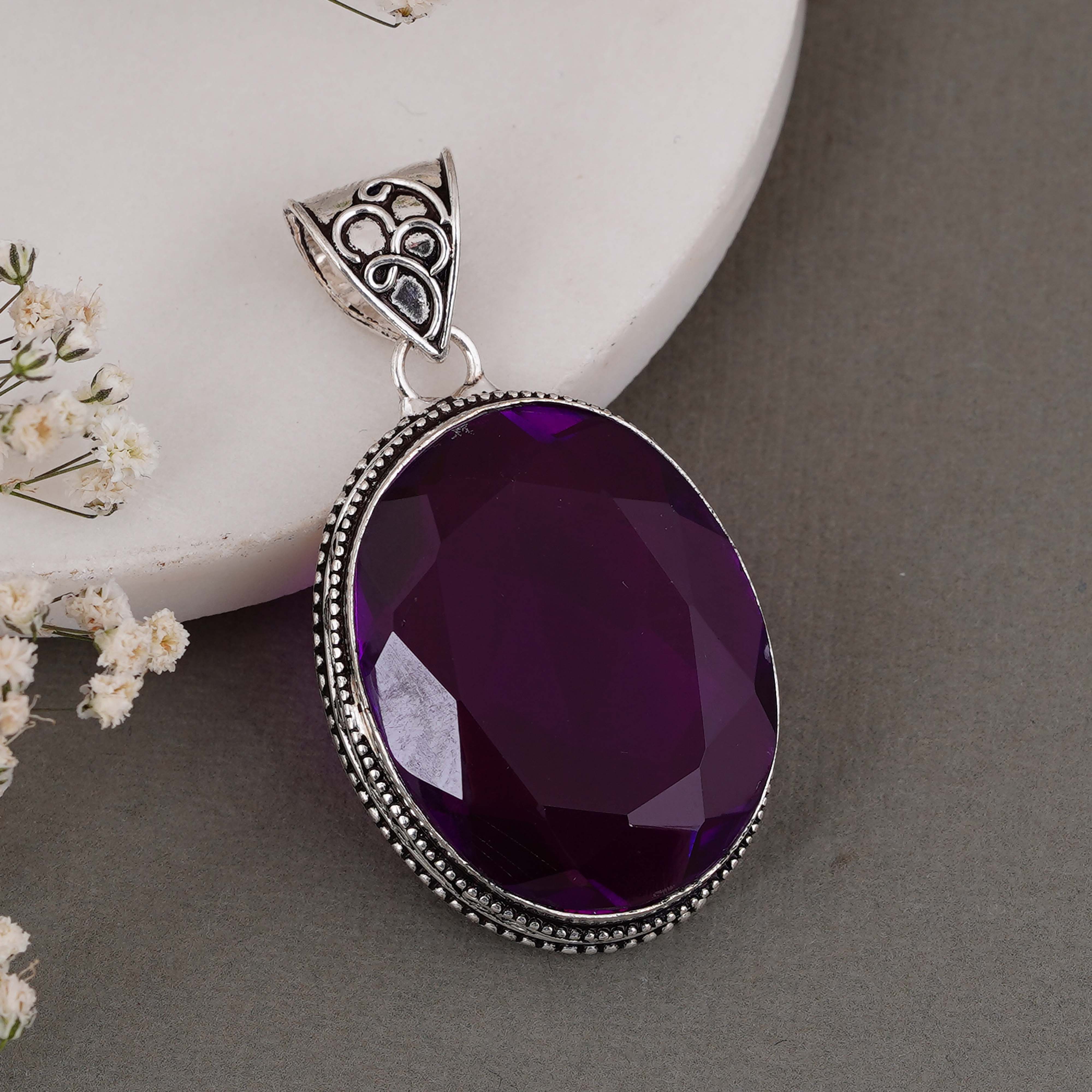 Purple Oval Gemstone Pendant – Sterling Silver Vintage Necklace