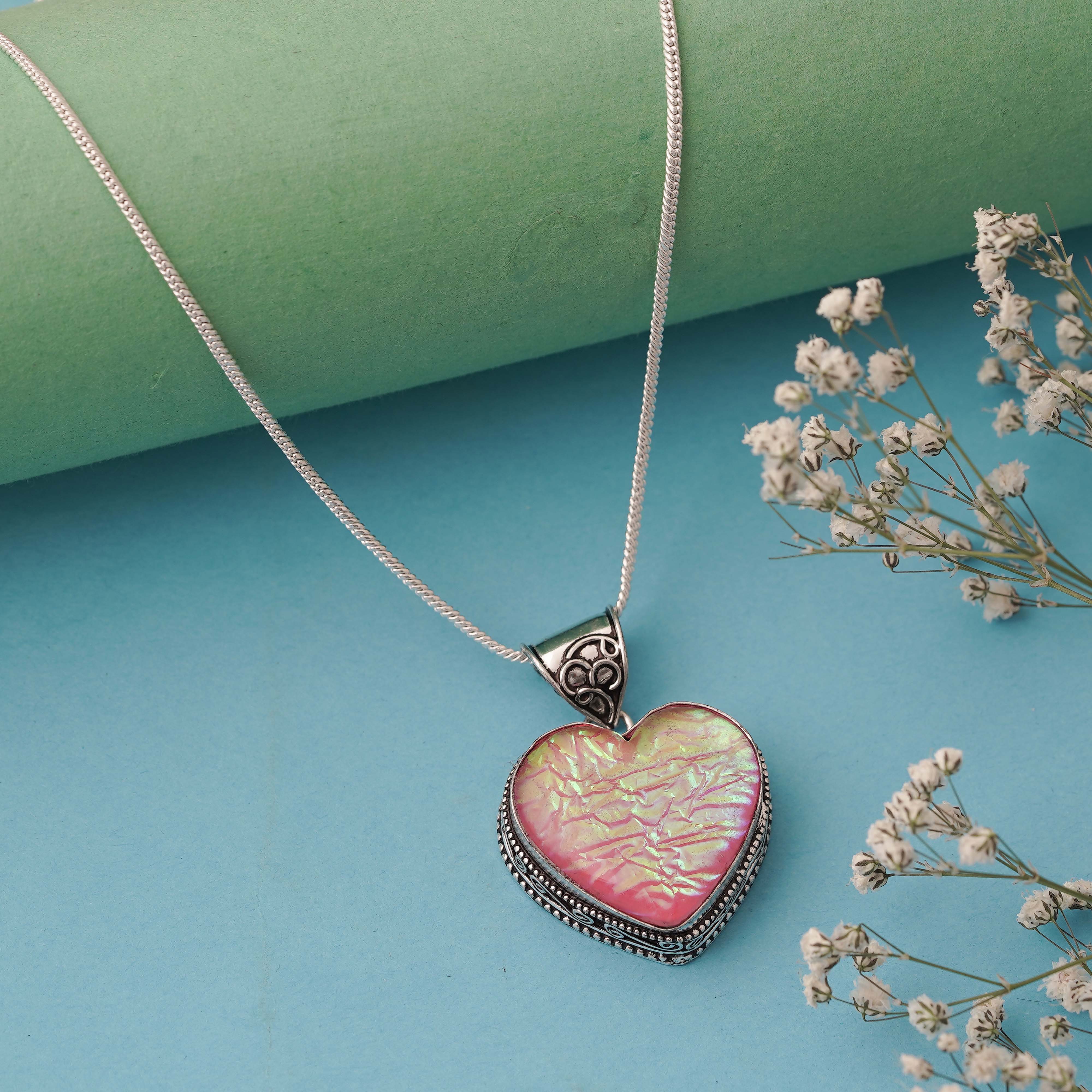 Heart-Shaped Pink and Iridescent Dichroic Glass Pendant in Sterling Silver