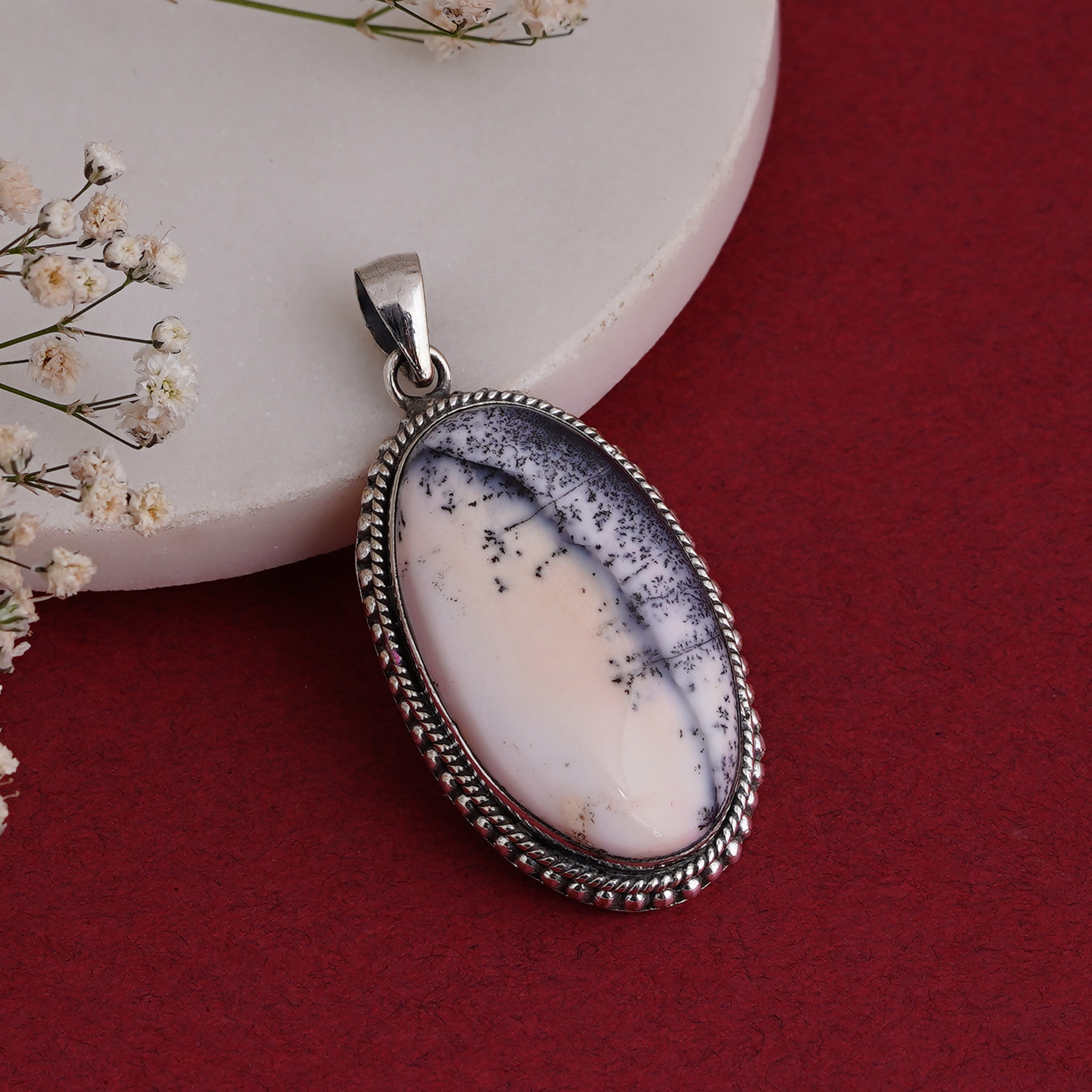 Stunning Dendritic Agate Oval Pendant in Sterling Silver