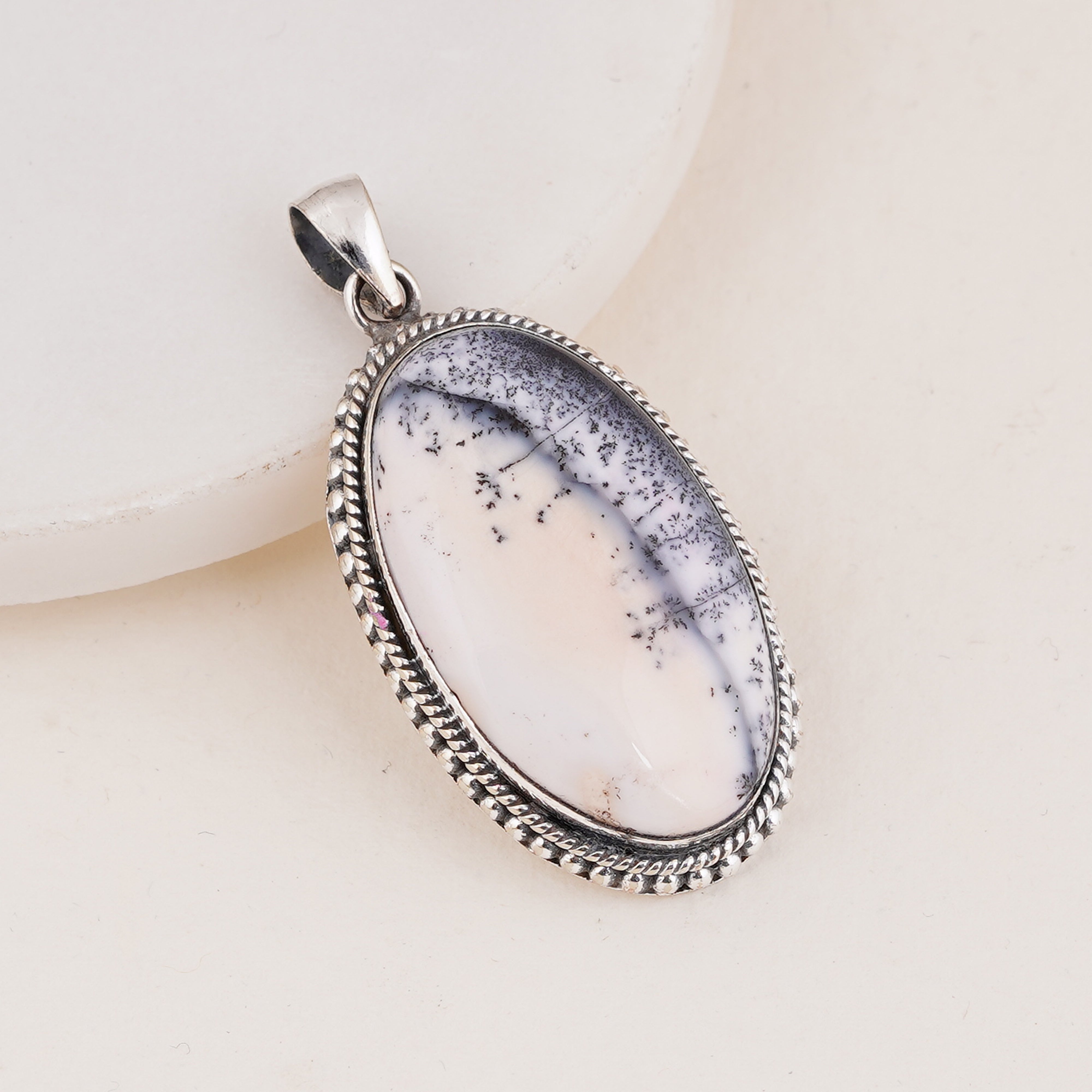 Stunning Dendritic Agate Oval Pendant in Sterling Silver