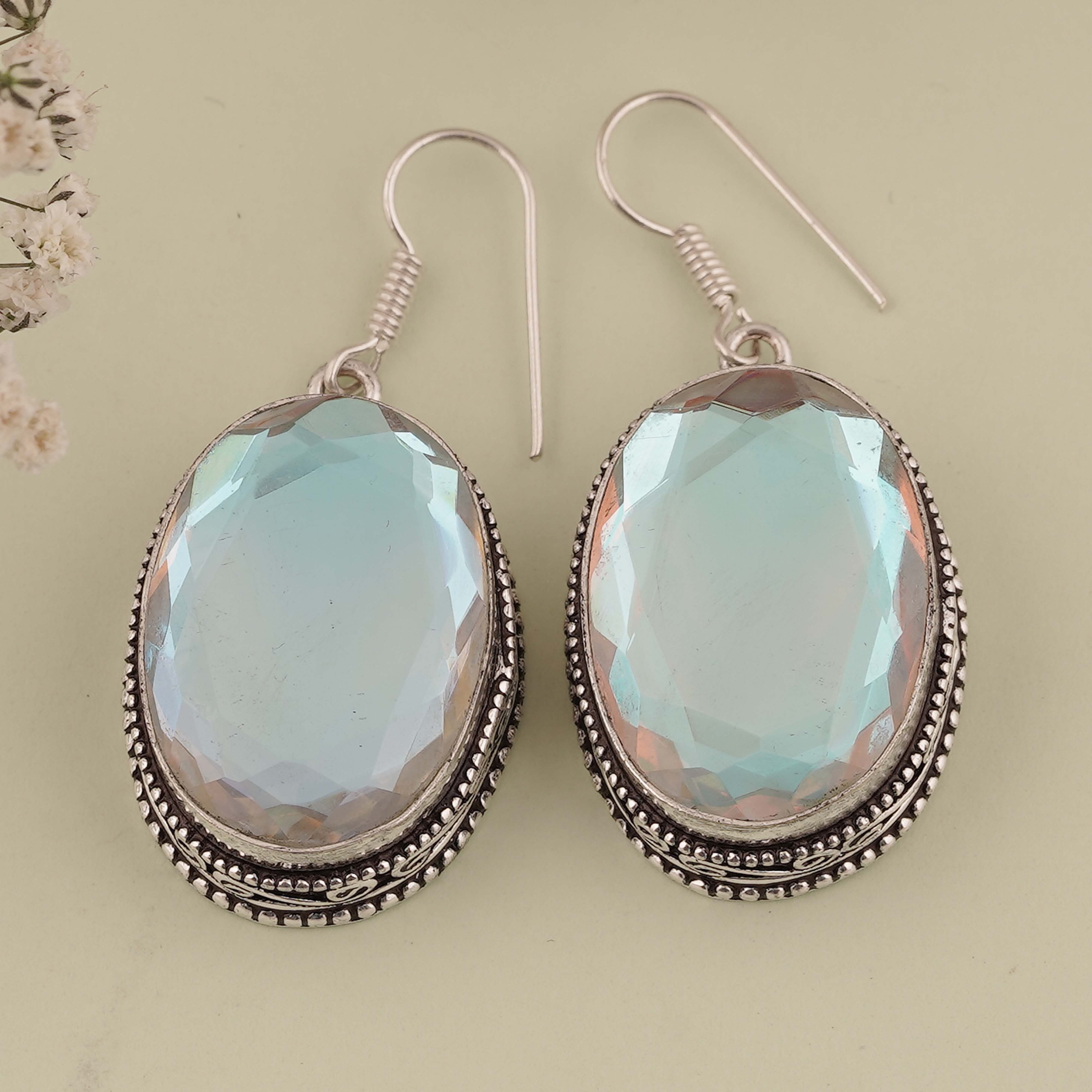 Vintage Oval Moonstone Dangle Earrings in Sterling Silver