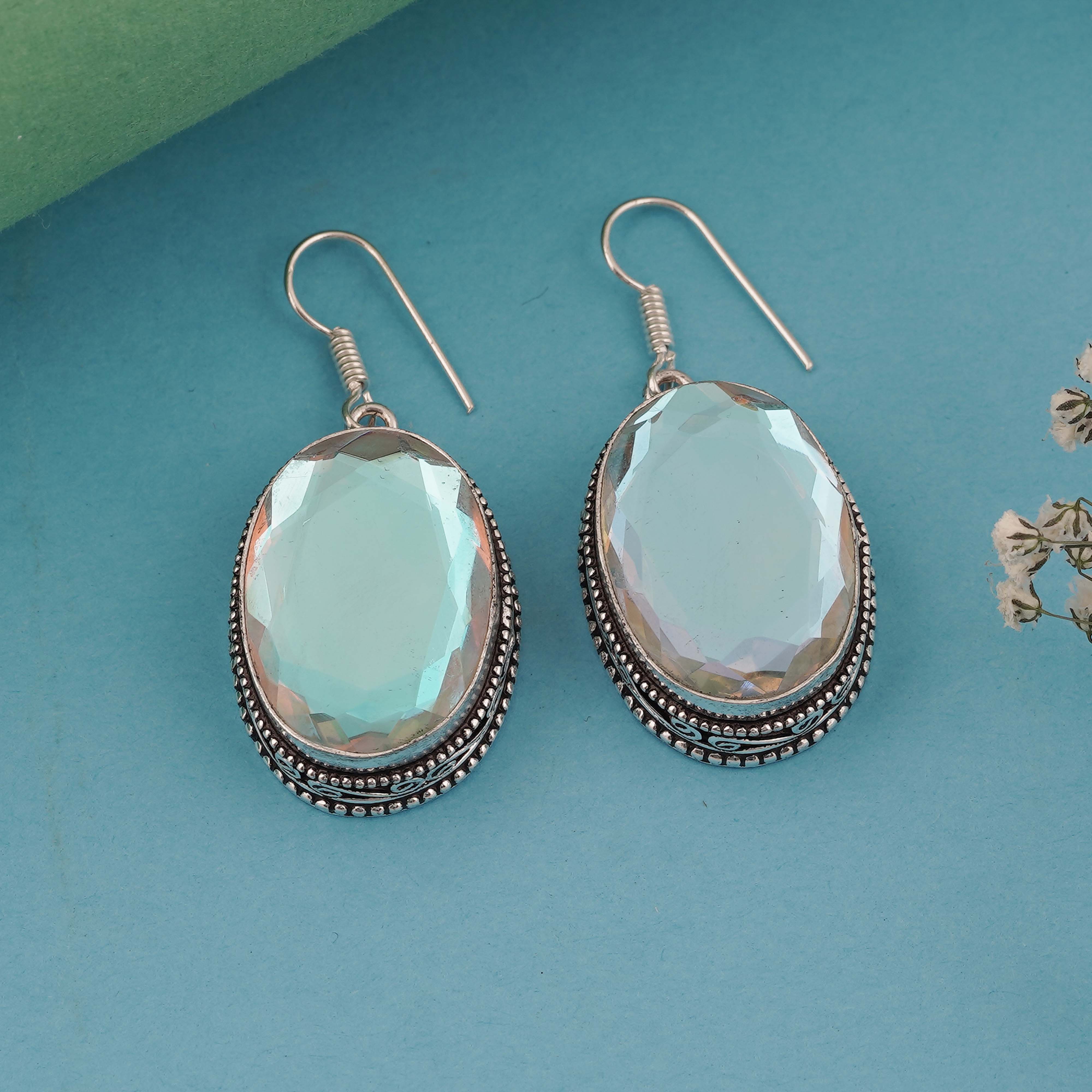 Vintage Oval Moonstone Dangle Earrings in Sterling Silver