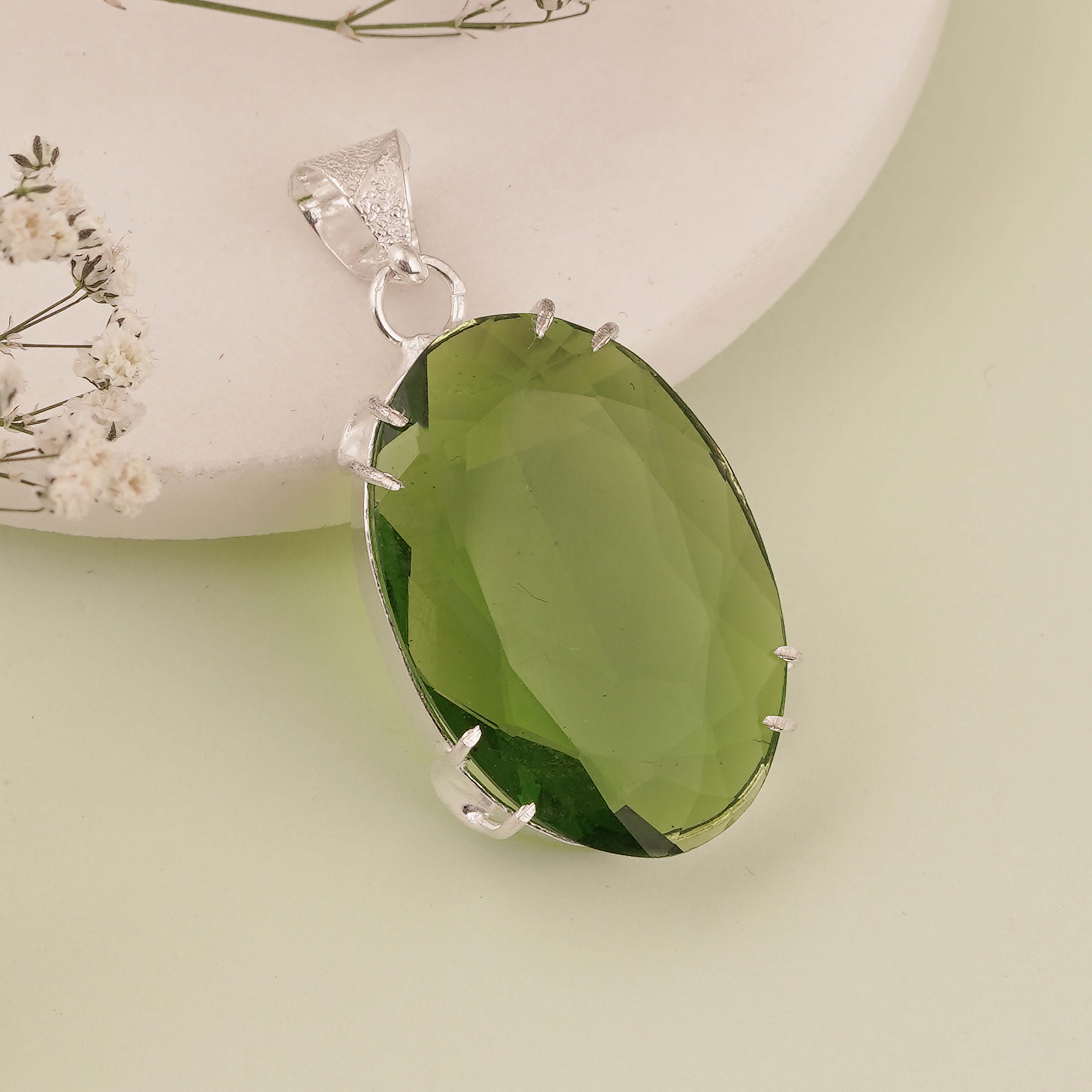 Elegant Green Peridot Oval Pendant in Sterling Silver