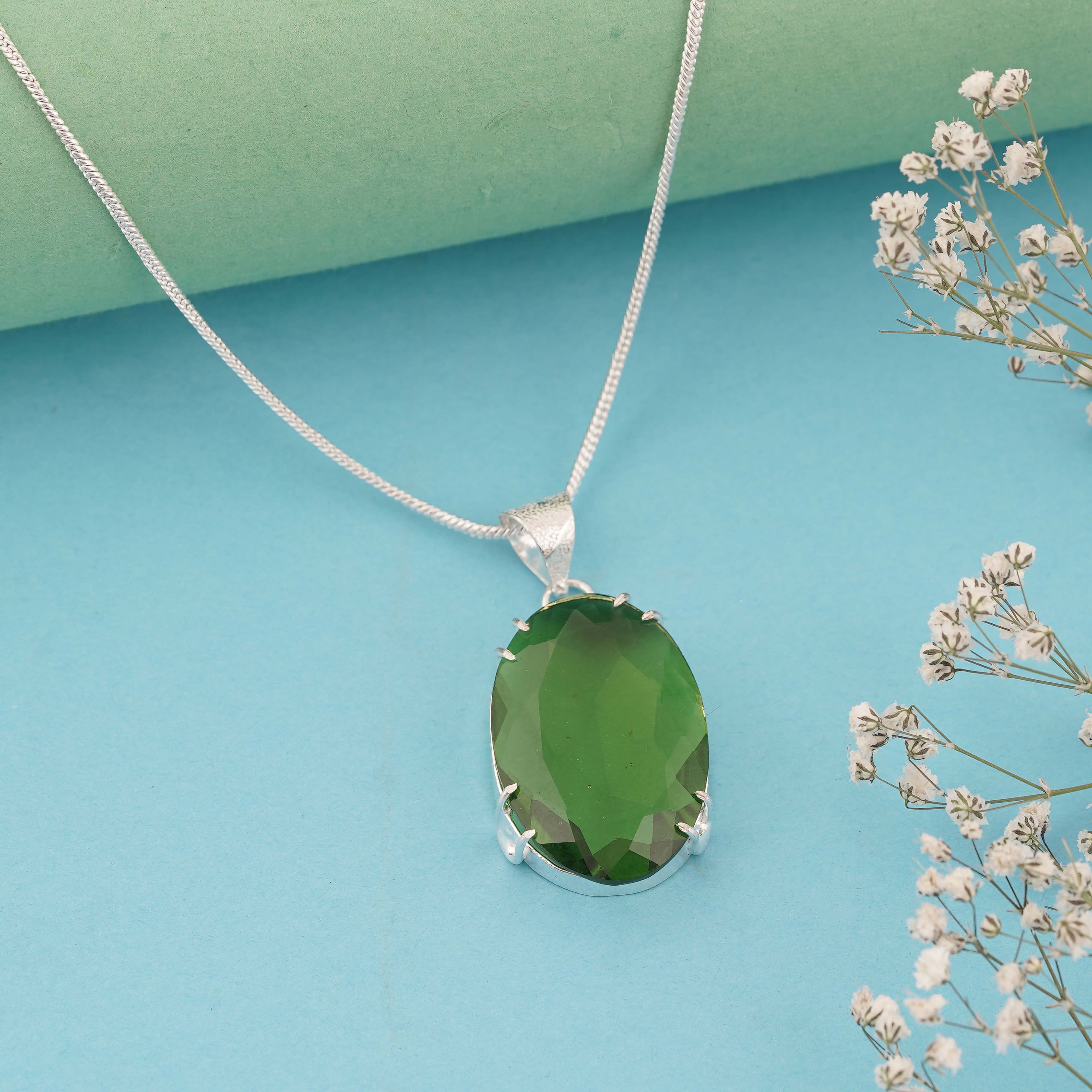 Elegant Green Peridot Oval Pendant in Sterling Silver