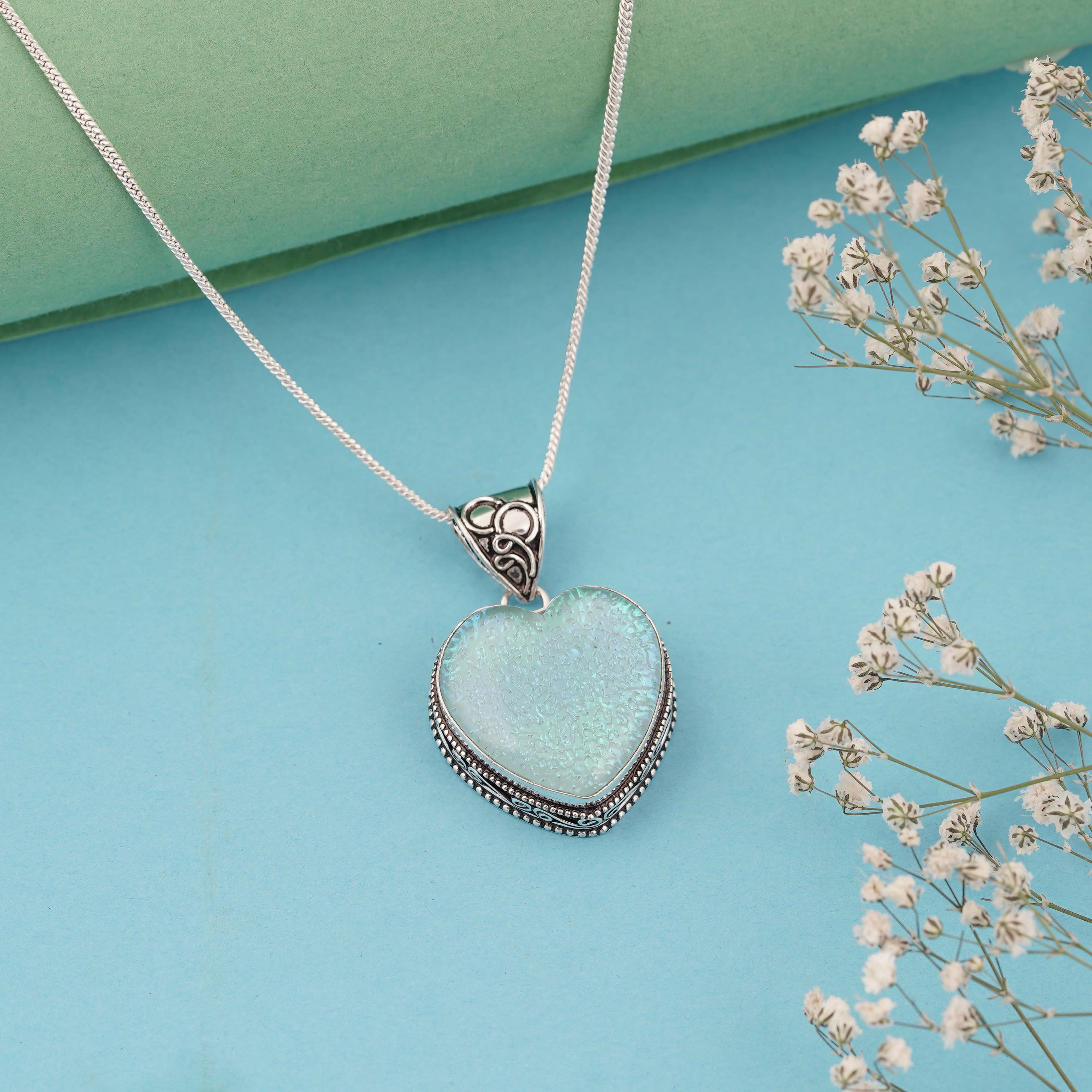 Romantic Blue Opal Heart Pendant in Vintage Sterling Silver