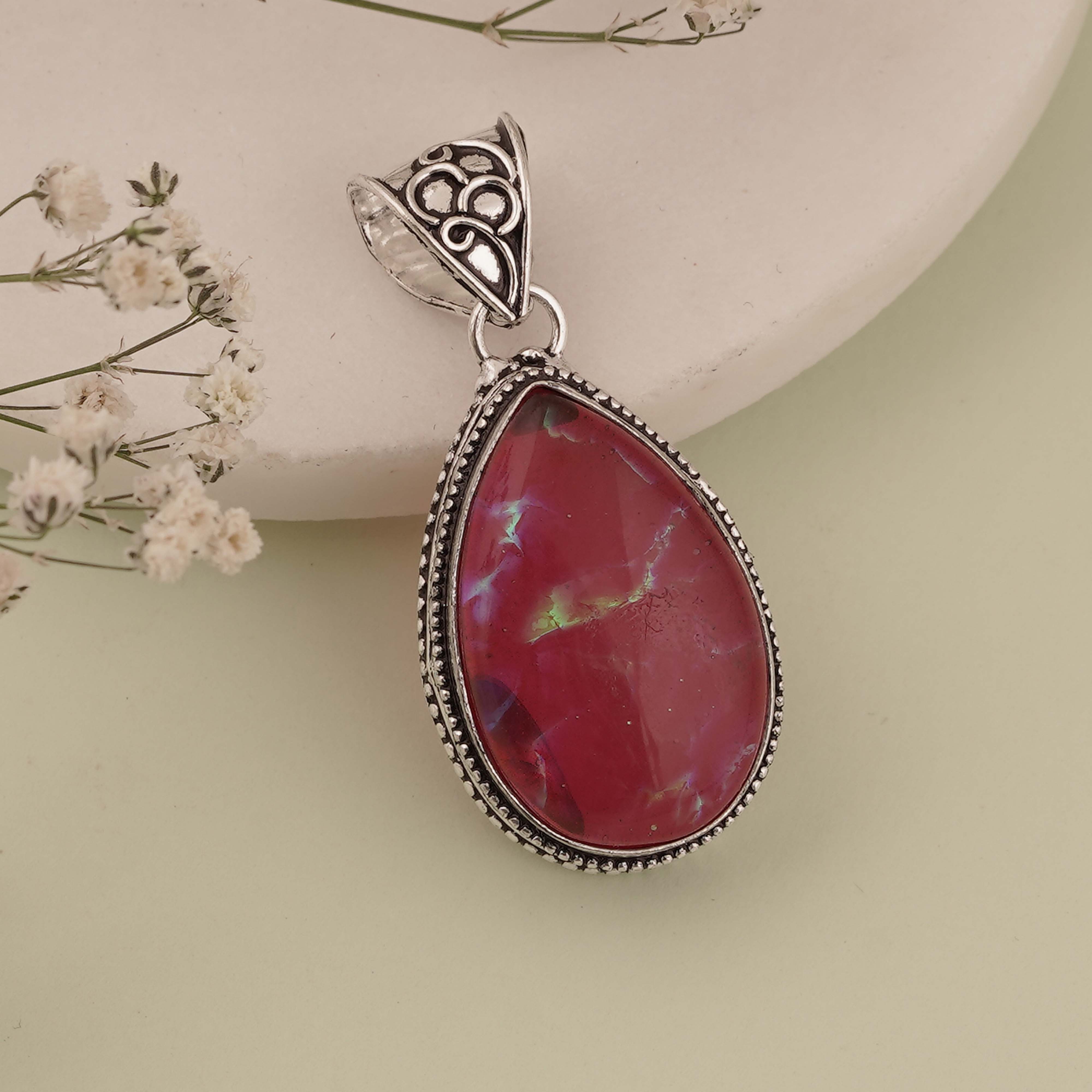 Elegant Red Opal Teardrop Pendant in Vintage Sterling Silver