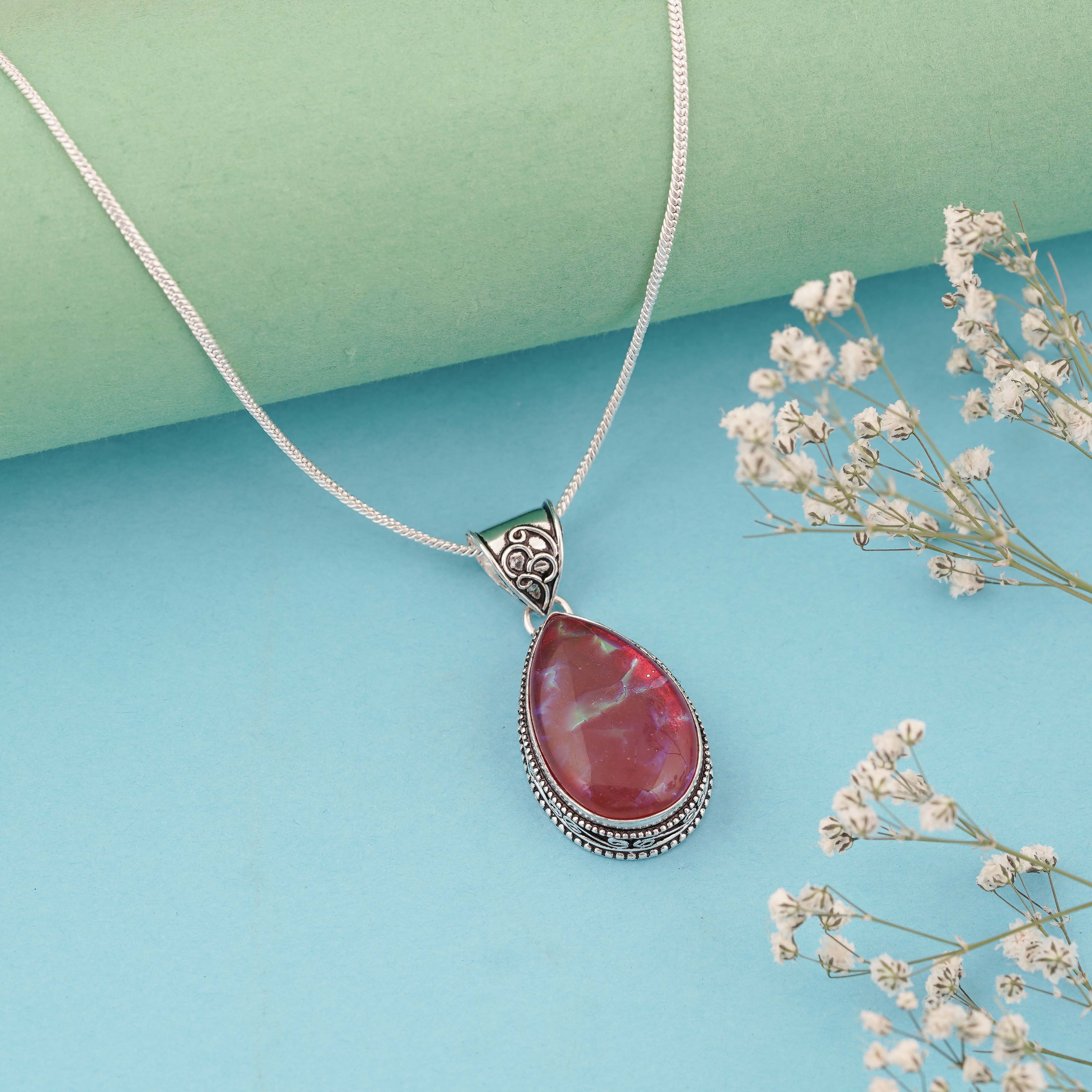 Elegant Red Opal Teardrop Pendant in Vintage Sterling Silver