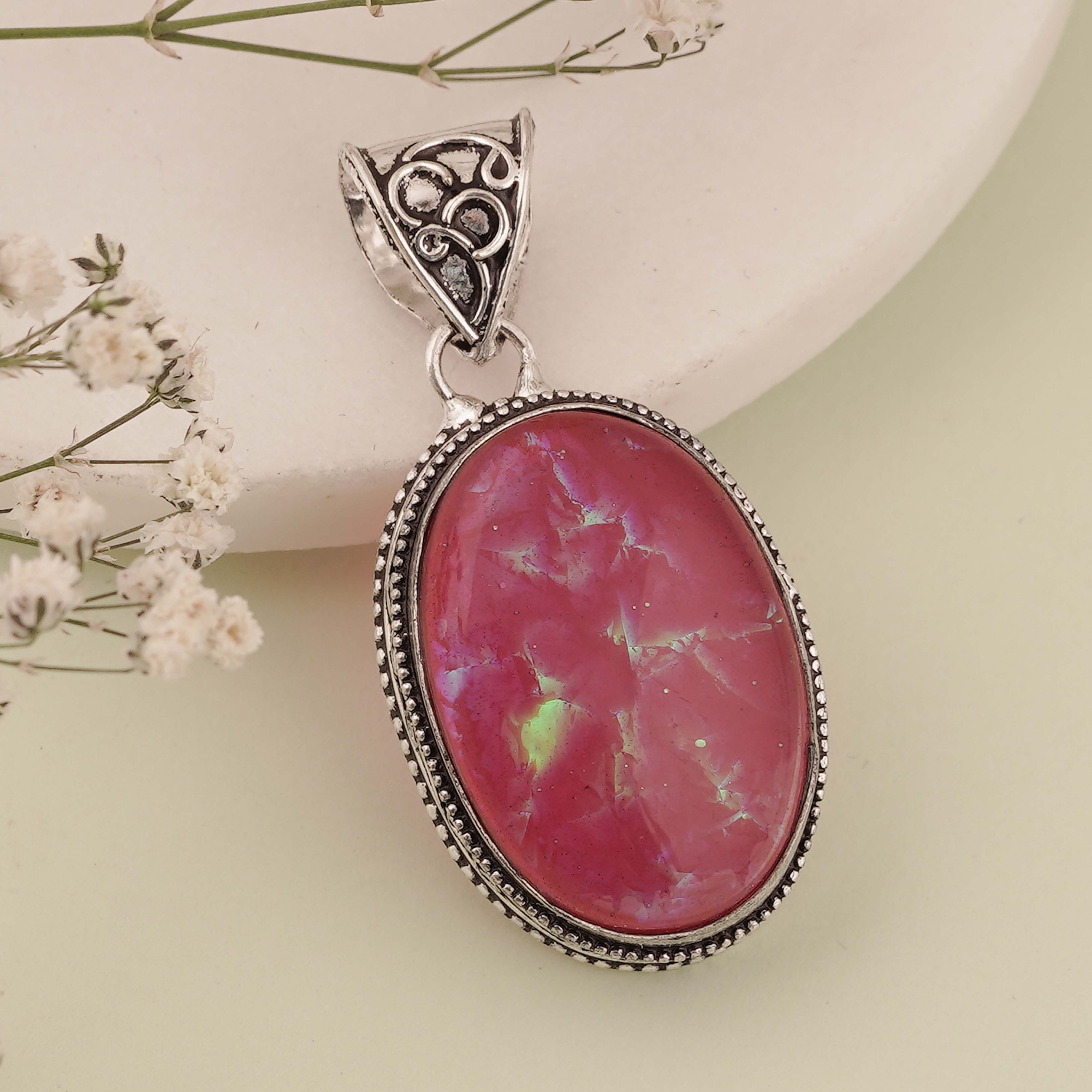 Vintage Oval Red Opal Pendant in Sterling Silver