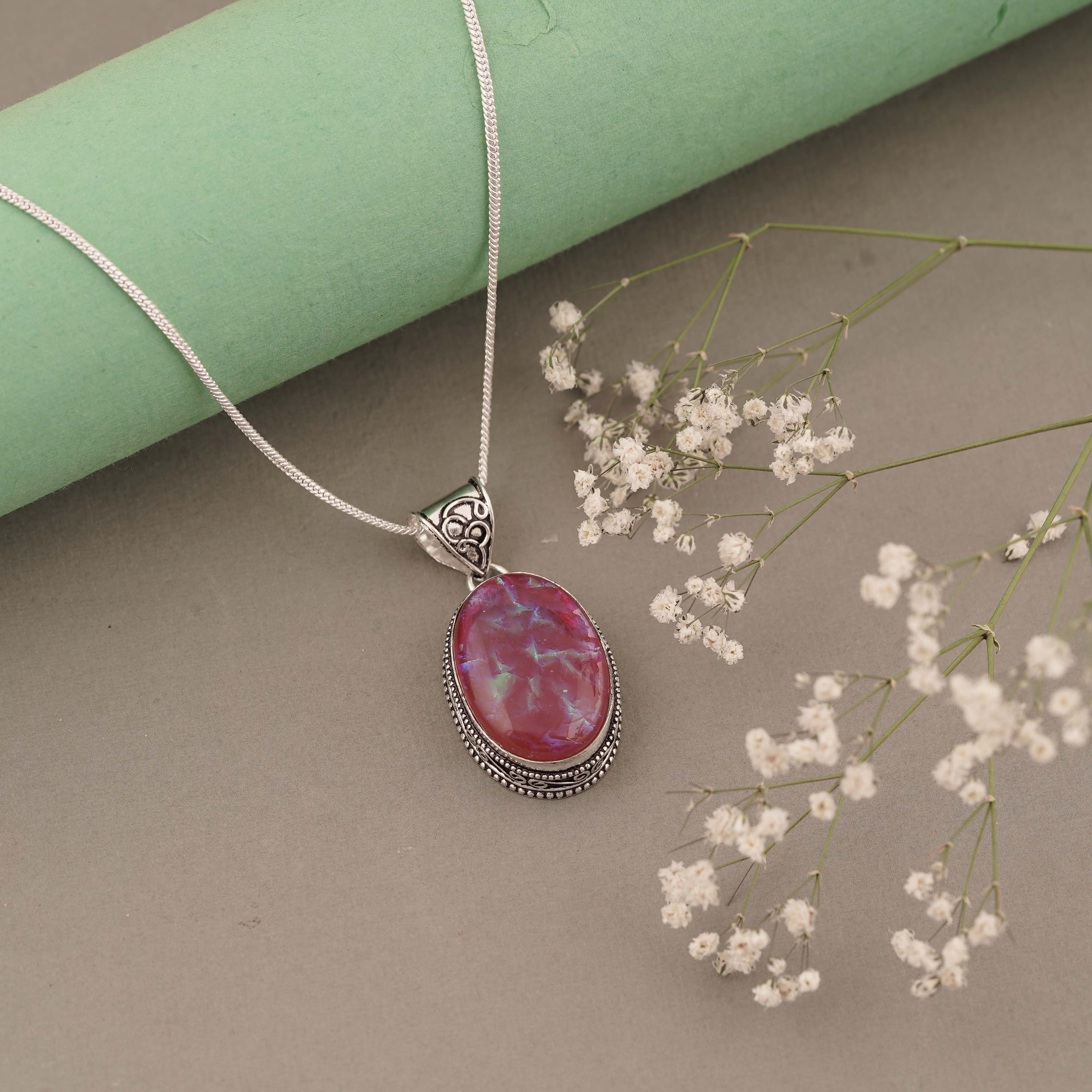 Vintage Oval Red Opal Pendant in Sterling Silver