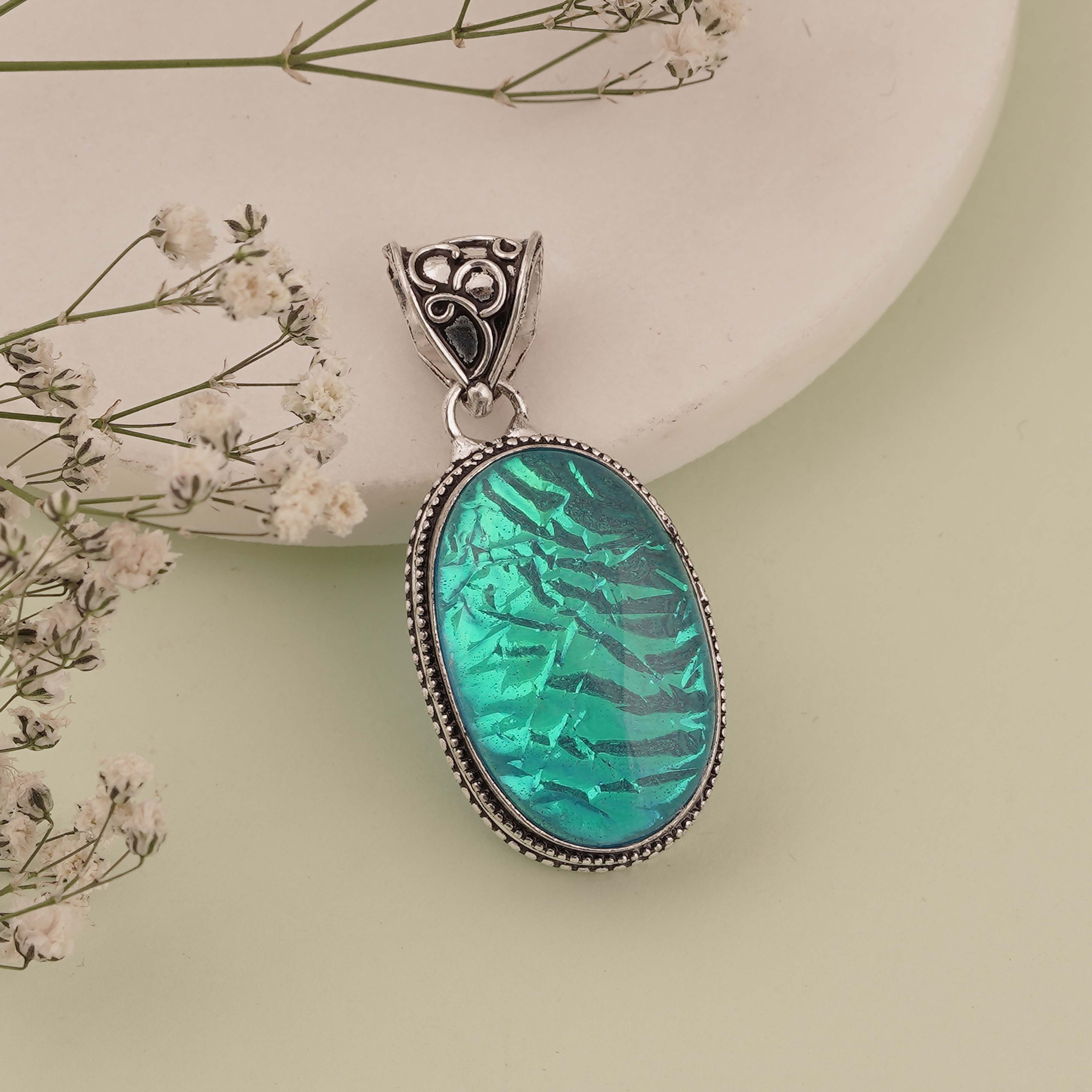 Vintage Oval Blue Opal Pendant in Sterling Silver