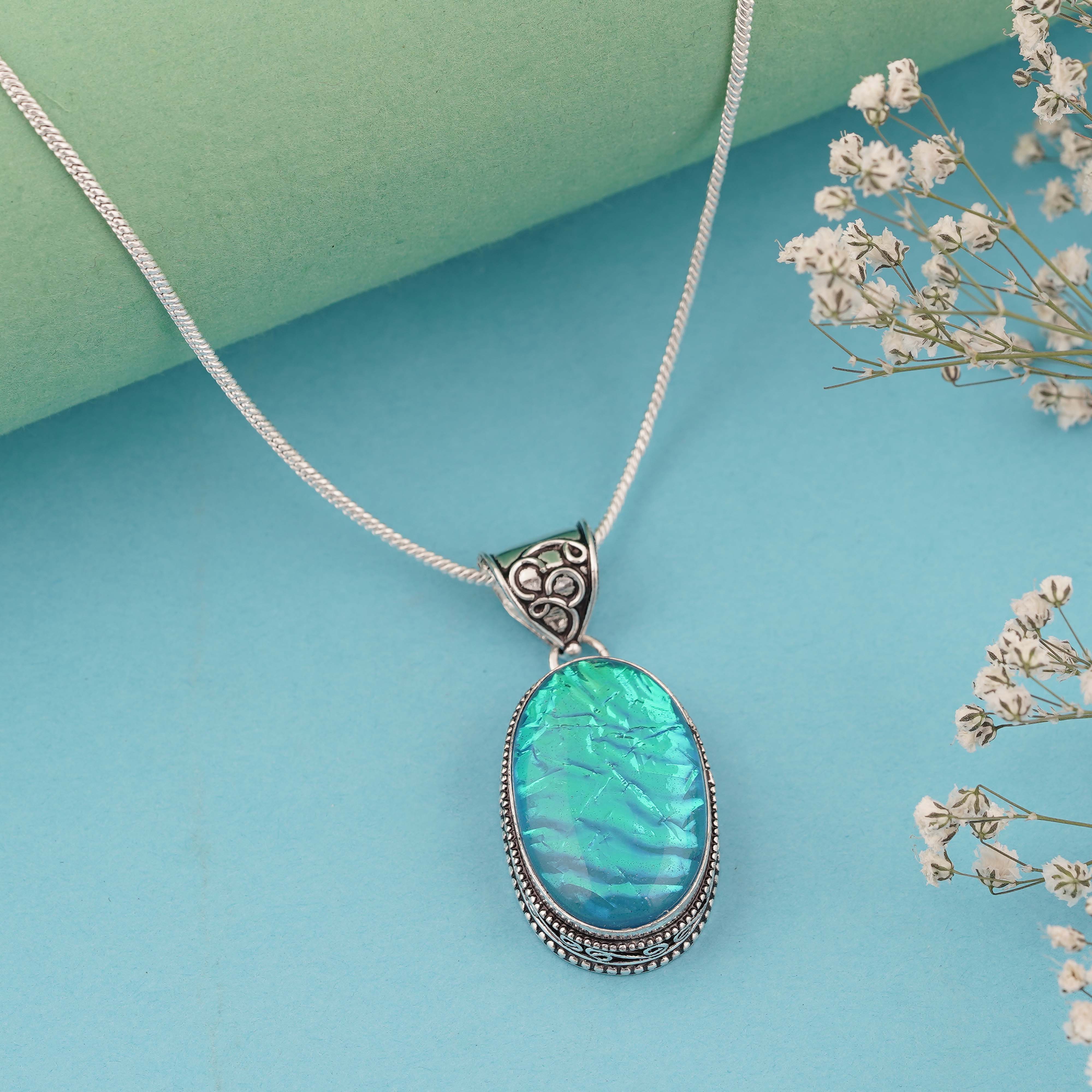 Vintage Oval Blue Opal Pendant in Sterling Silver