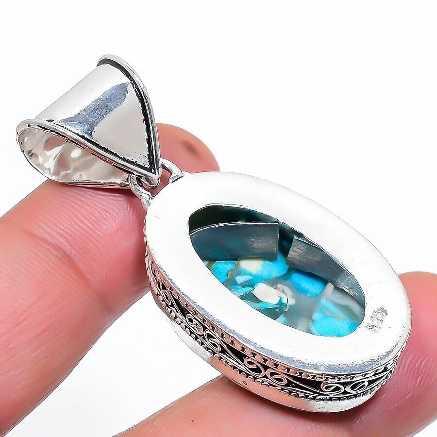 Blue Copper Turquoise Gemstone Handmade 925 Sterling Silver Jewelry Oval Pendant