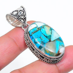 Blue Copper Turquoise Gemstone Handmade 925 Sterling Silver Jewelry Oval Pendant