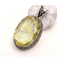 Golden Rutile Quartz Handmade 925 Sterling Silver Oval Cut Jewelry Pendant