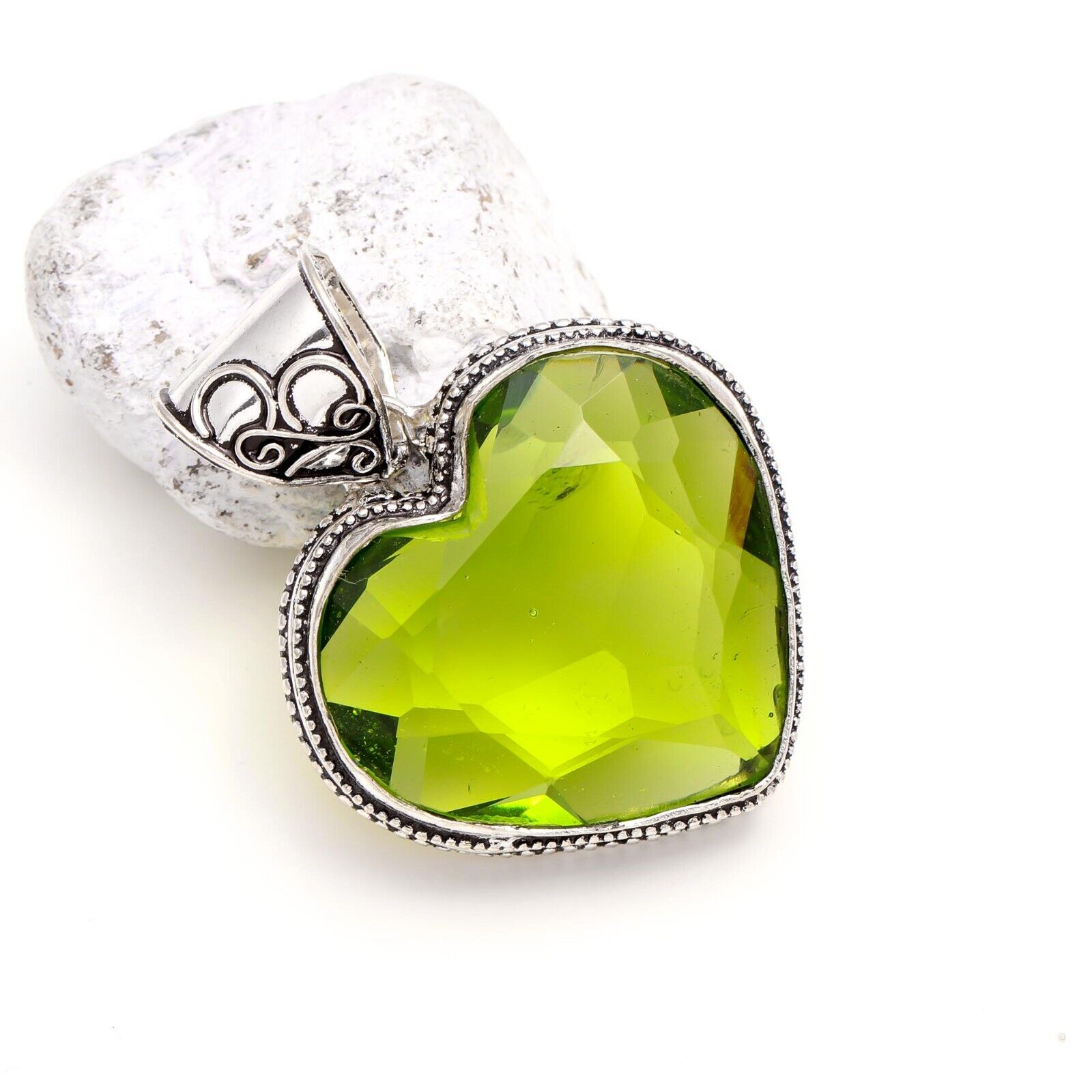 Green Peridot Gemstone Handmade 925 Sterling Silver Jewelry Heart Cut Pendant