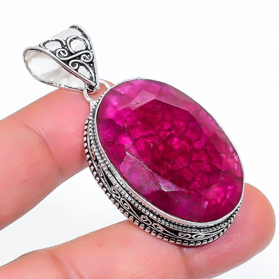 Kashmir Red Ruby Gemstone Handmade 925 Sterling Silver Jewelry Oval Cut Pendant