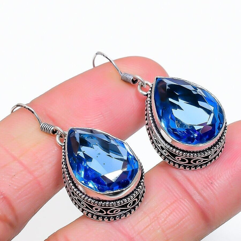 Blue Topaz Gemstone Handmade 925 Sterling Silver Jewelry pear Earring 1.50"