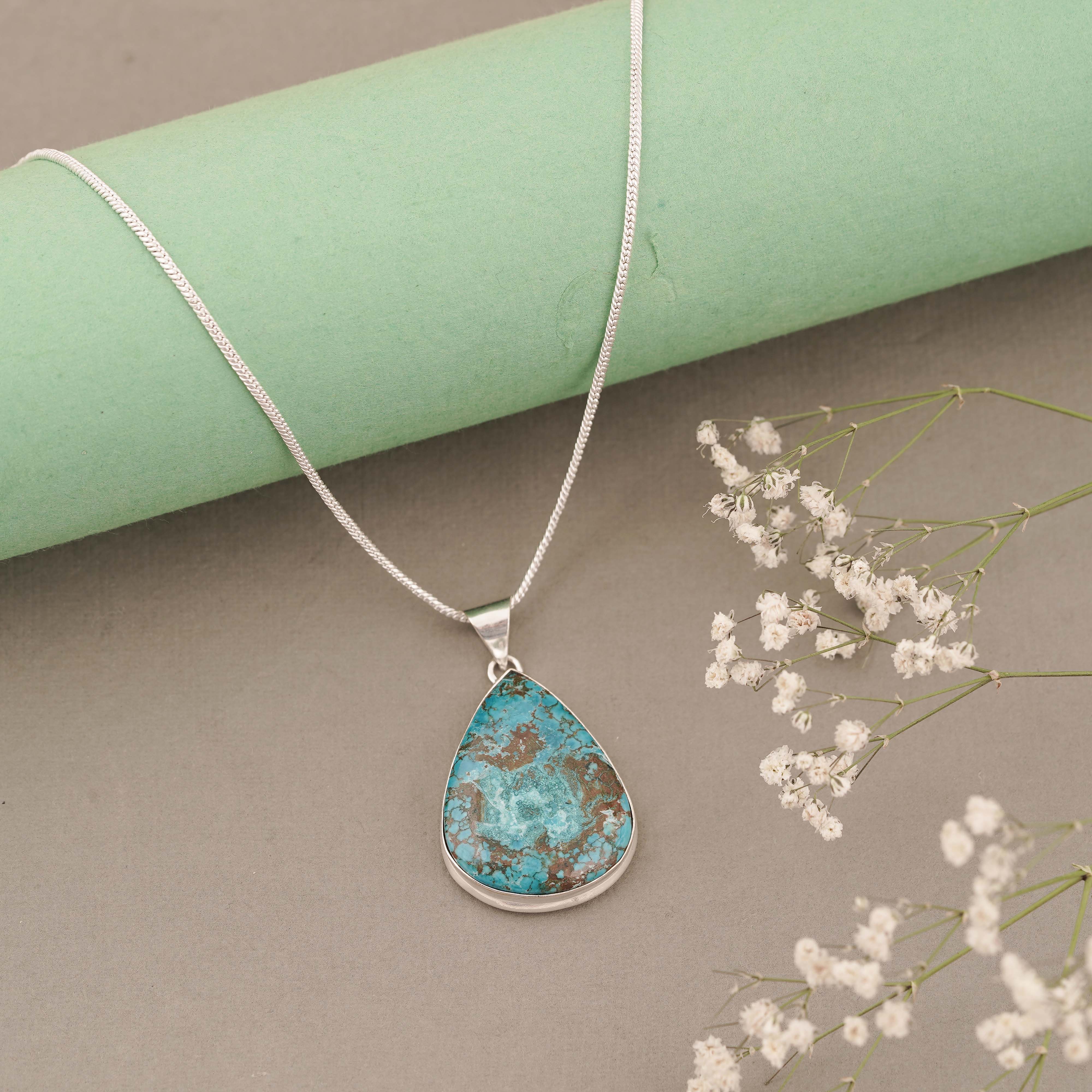 Natural Teardrop Turquoise Pendant in Sterling Silver