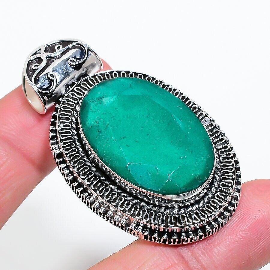 Green Zambian Emerald Handmade 925 Sterling Silver Oval Cut Jewelry Pendant