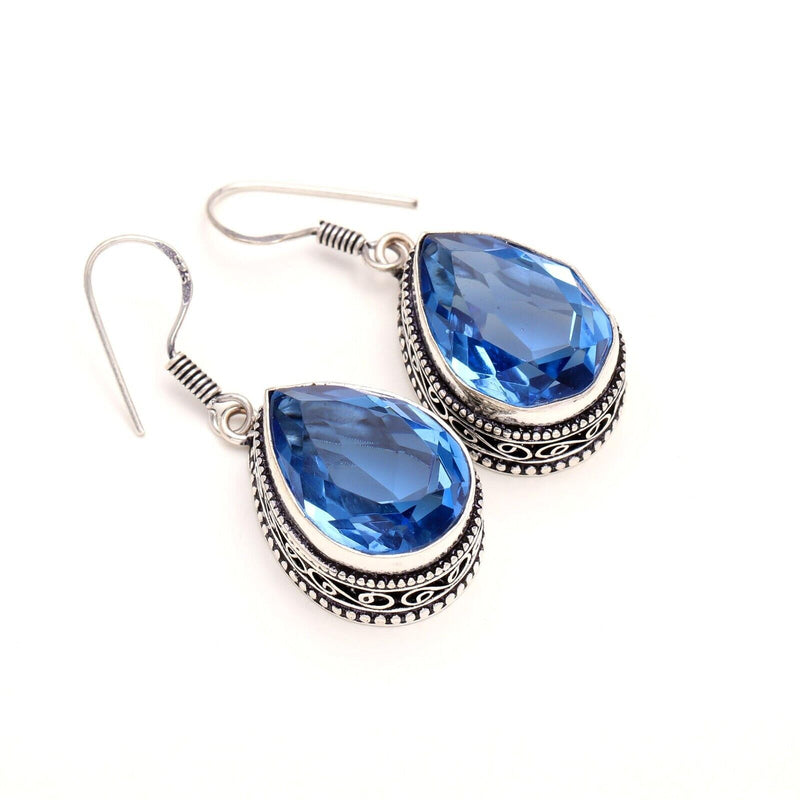 Blue Topaz Gemstone Handmade 925 Sterling Silver Jewelry pear Earring 1.50"